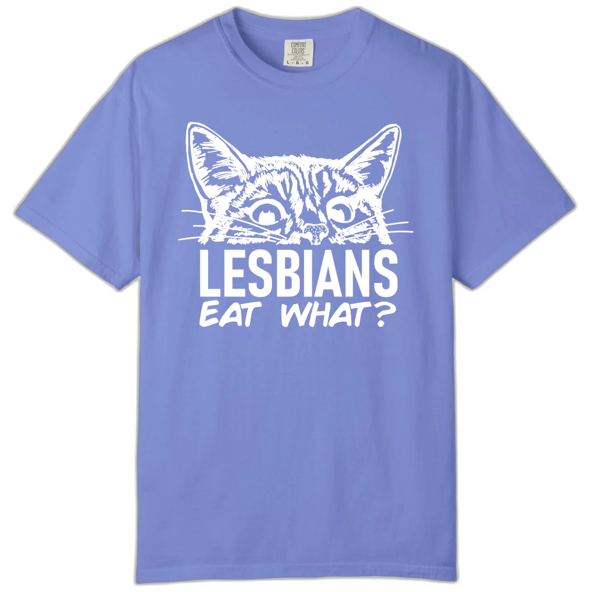 Lesbians eat what cat design: Detailed line-art cat face with expressive eyes and whiskers above bold text reading 'LESBIANS EAT WHAT?' in Flo Blue