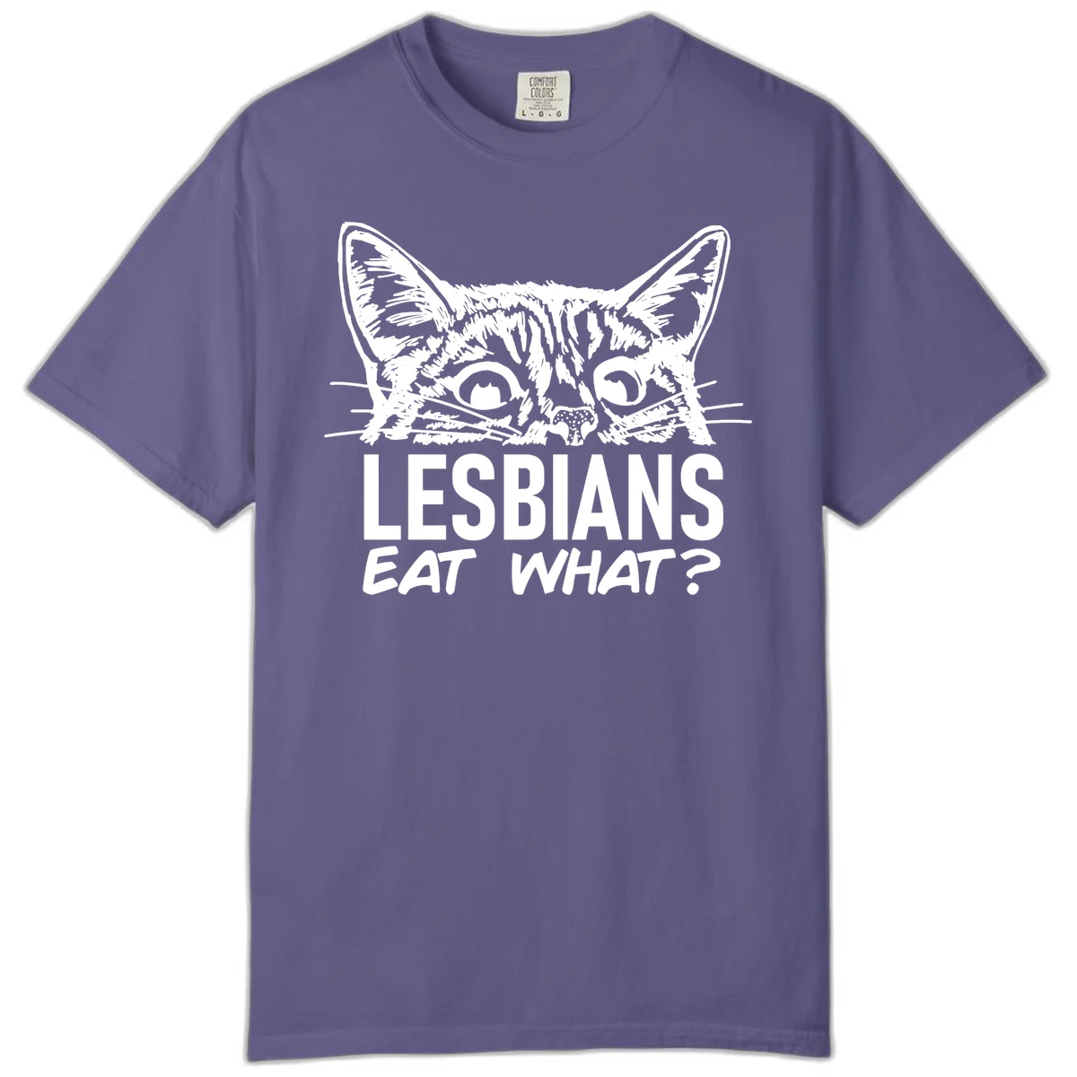 Lesbians eat what cat design: Detailed line-art cat face with expressive eyes and whiskers above bold text reading 'LESBIANS EAT WHAT?' in Grape