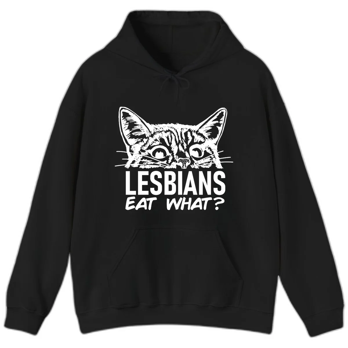 Lesbians eat what cat design: Detailed line-art cat face with expressive eyes and whiskers above bold text reading 'LESBIANS EAT WHAT?' in Black