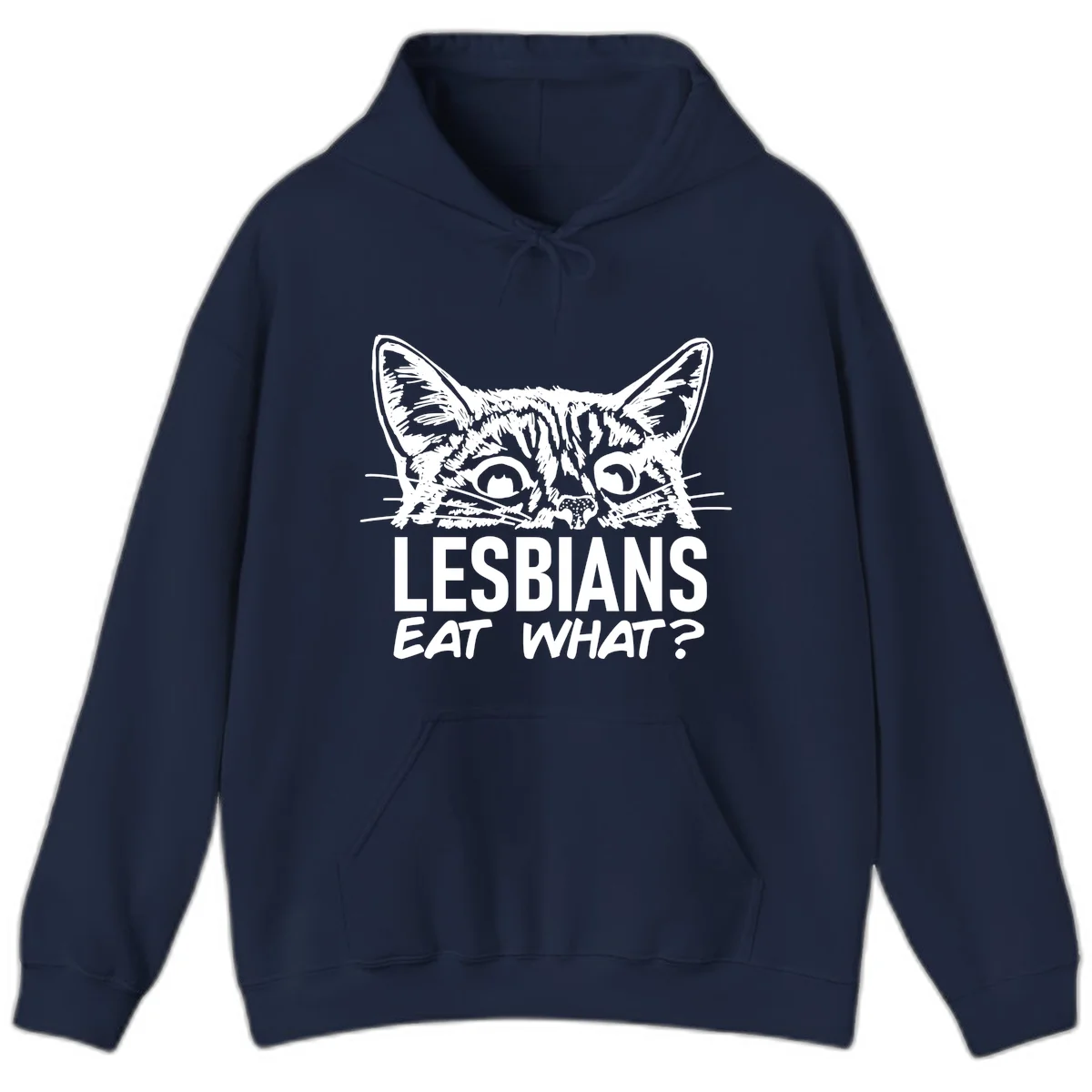 Lesbians eat what cat design: Detailed line-art cat face with expressive eyes and whiskers above bold text reading 'LESBIANS EAT WHAT?' in Navy
