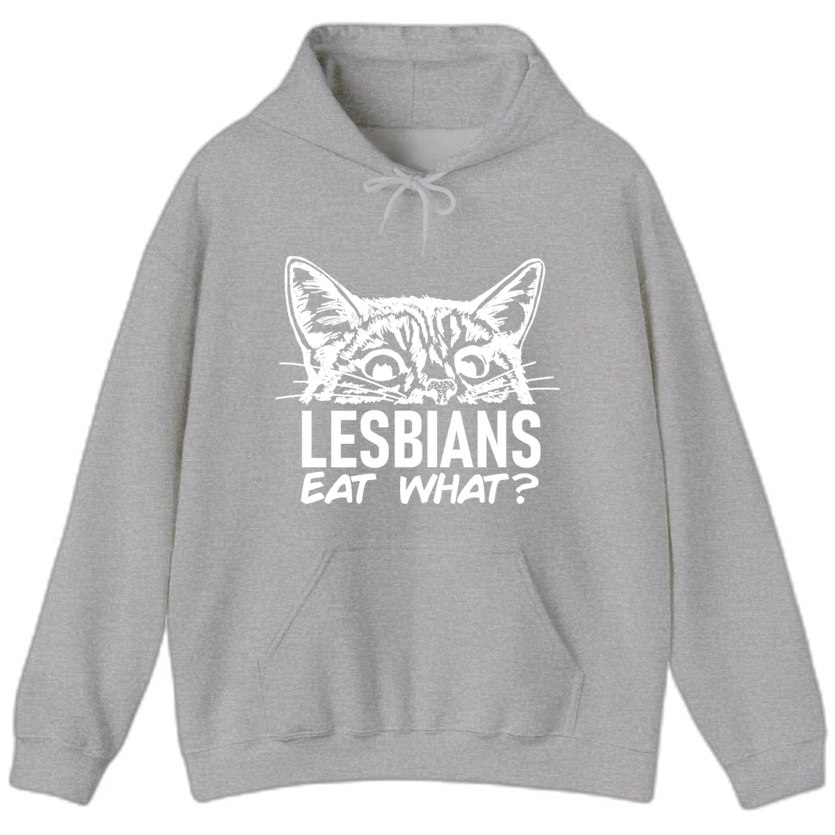 Lesbians eat what cat design: Detailed line-art cat face with expressive eyes and whiskers above bold text reading 'LESBIANS EAT WHAT?' in Sport Grey