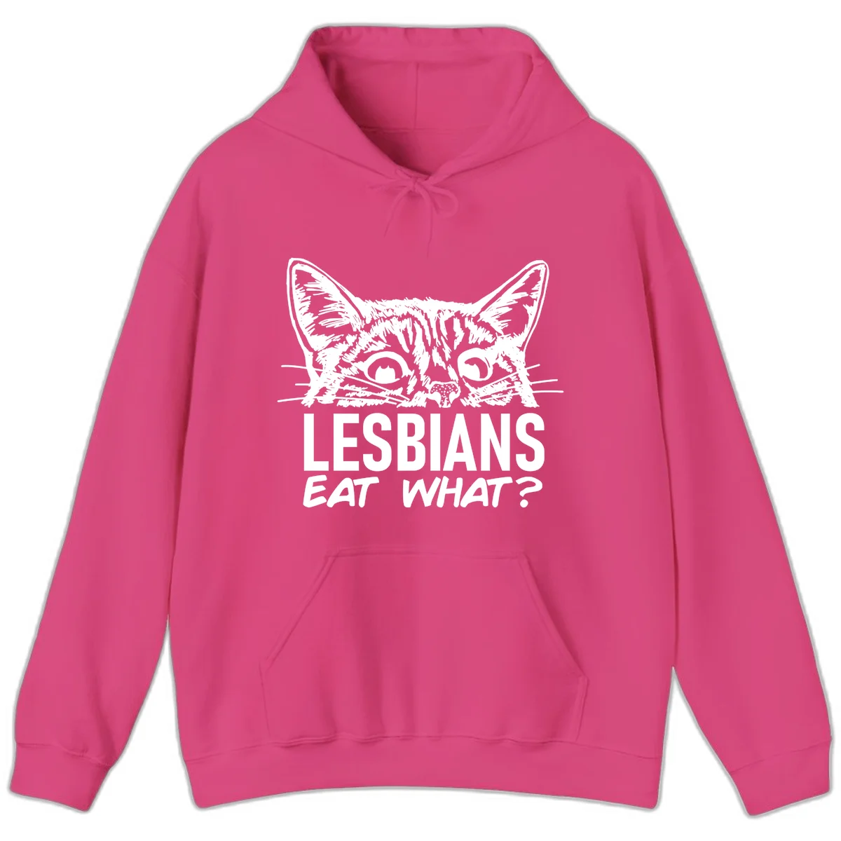 Lesbians eat what cat design: Detailed line-art cat face with expressive eyes and whiskers above bold text reading 'LESBIANS EAT WHAT?' in Heliconia
