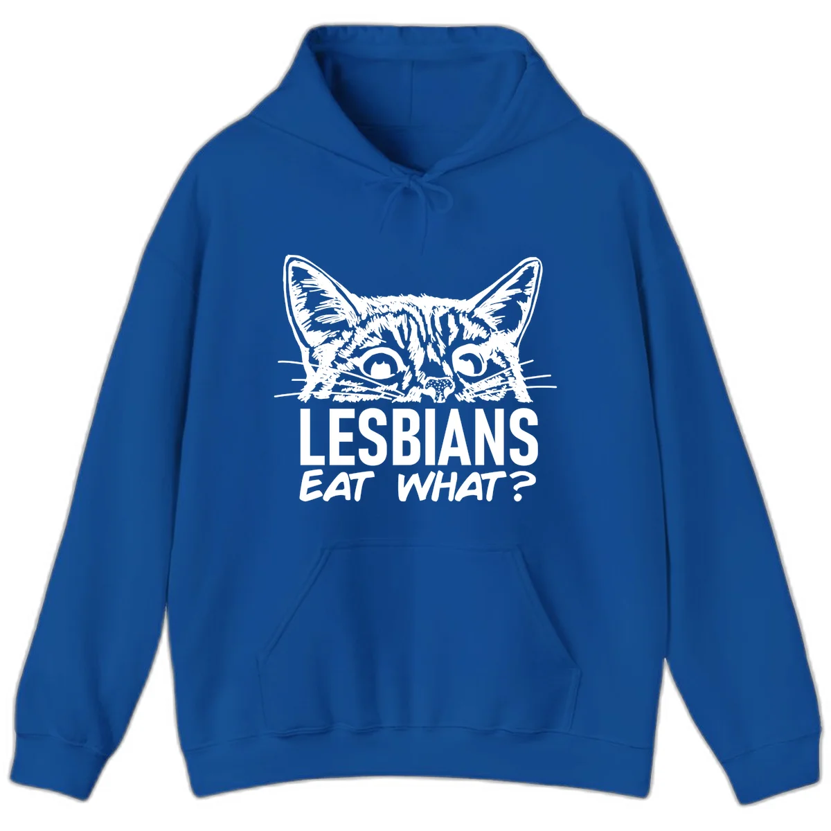 Lesbians eat what cat design: Detailed line-art cat face with expressive eyes and whiskers above bold text reading 'LESBIANS EAT WHAT?' in Royal