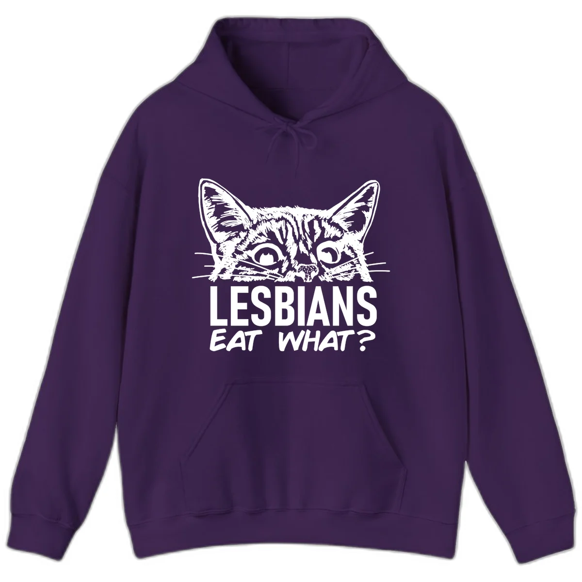 Lesbians eat what cat design: Detailed line-art cat face with expressive eyes and whiskers above bold text reading 'LESBIANS EAT WHAT?' in Purple