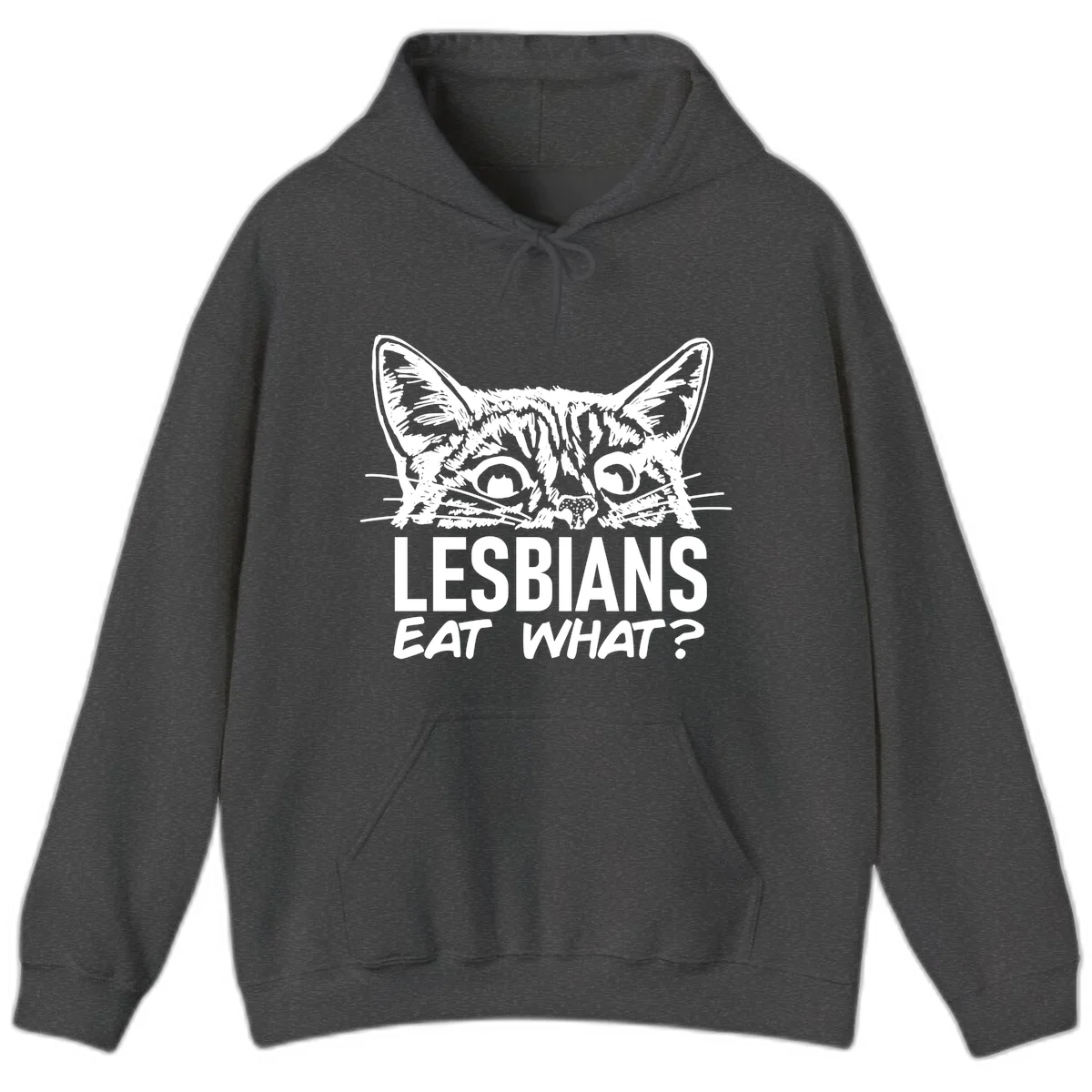 Lesbians eat what cat design: Detailed line-art cat face with expressive eyes and whiskers above bold text reading 'LESBIANS EAT WHAT?' in Dark Heather