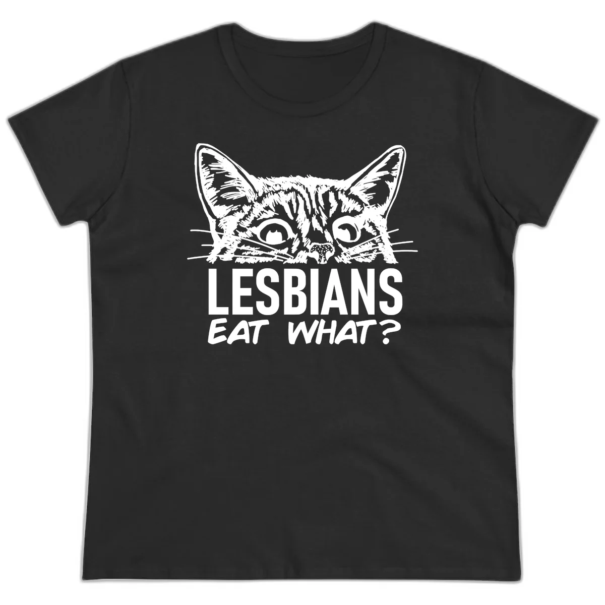 Lesbians eat what cat design: Detailed line-art cat face with expressive eyes and whiskers above bold text reading 'LESBIANS EAT WHAT?' in Black