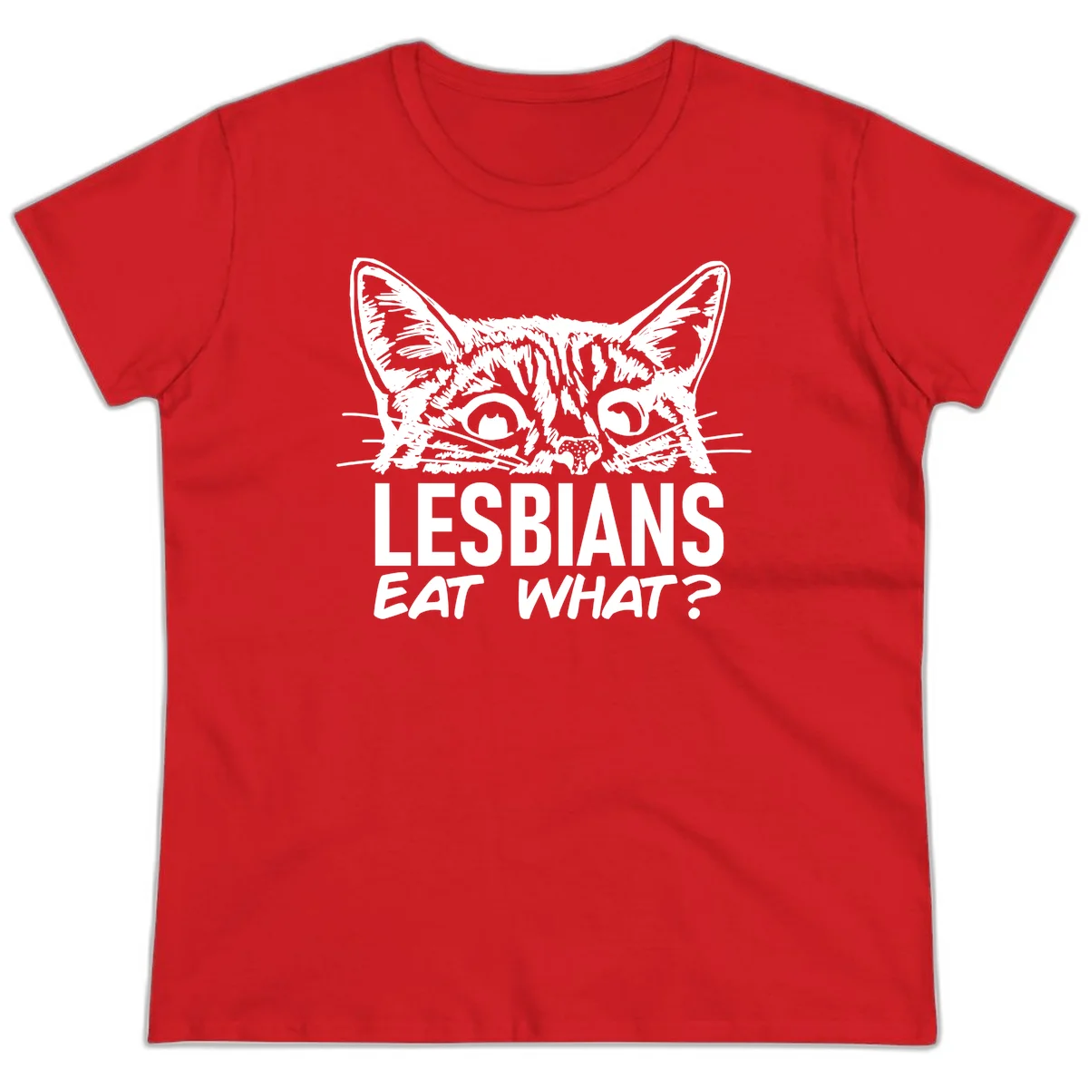 Lesbians eat what cat design: Detailed line-art cat face with expressive eyes and whiskers above bold text reading 'LESBIANS EAT WHAT?' in Red