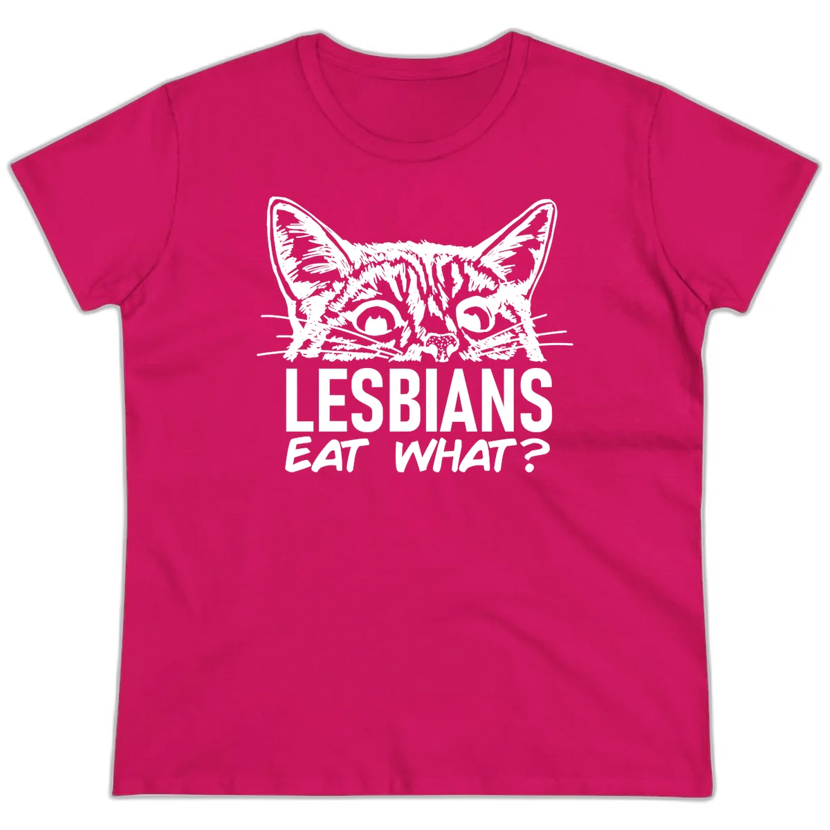 Lesbians eat what cat design: Detailed line-art cat face with expressive eyes and whiskers above bold text reading 'LESBIANS EAT WHAT?' in Heliconia