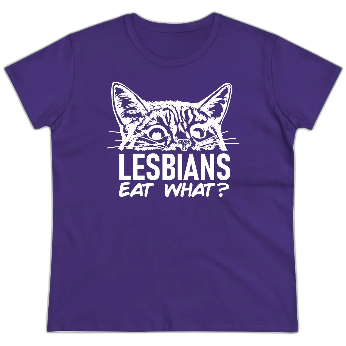 Lesbians eat what cat design: Detailed line-art cat face with expressive eyes and whiskers above bold text reading 'LESBIANS EAT WHAT?' in Purple