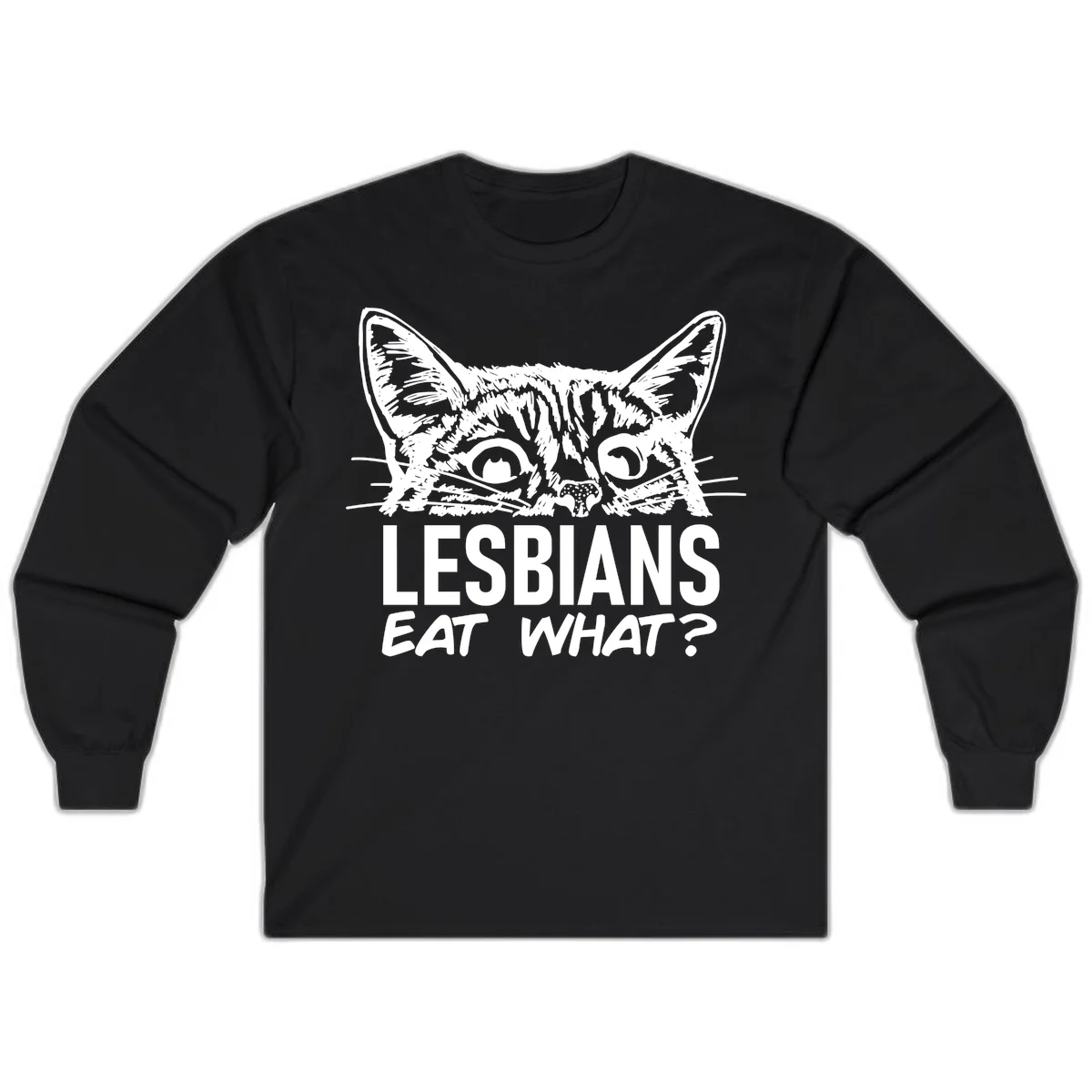 Lesbians eat what cat design: Detailed line-art cat face with expressive eyes and whiskers above bold text reading 'LESBIANS EAT WHAT?' in Black