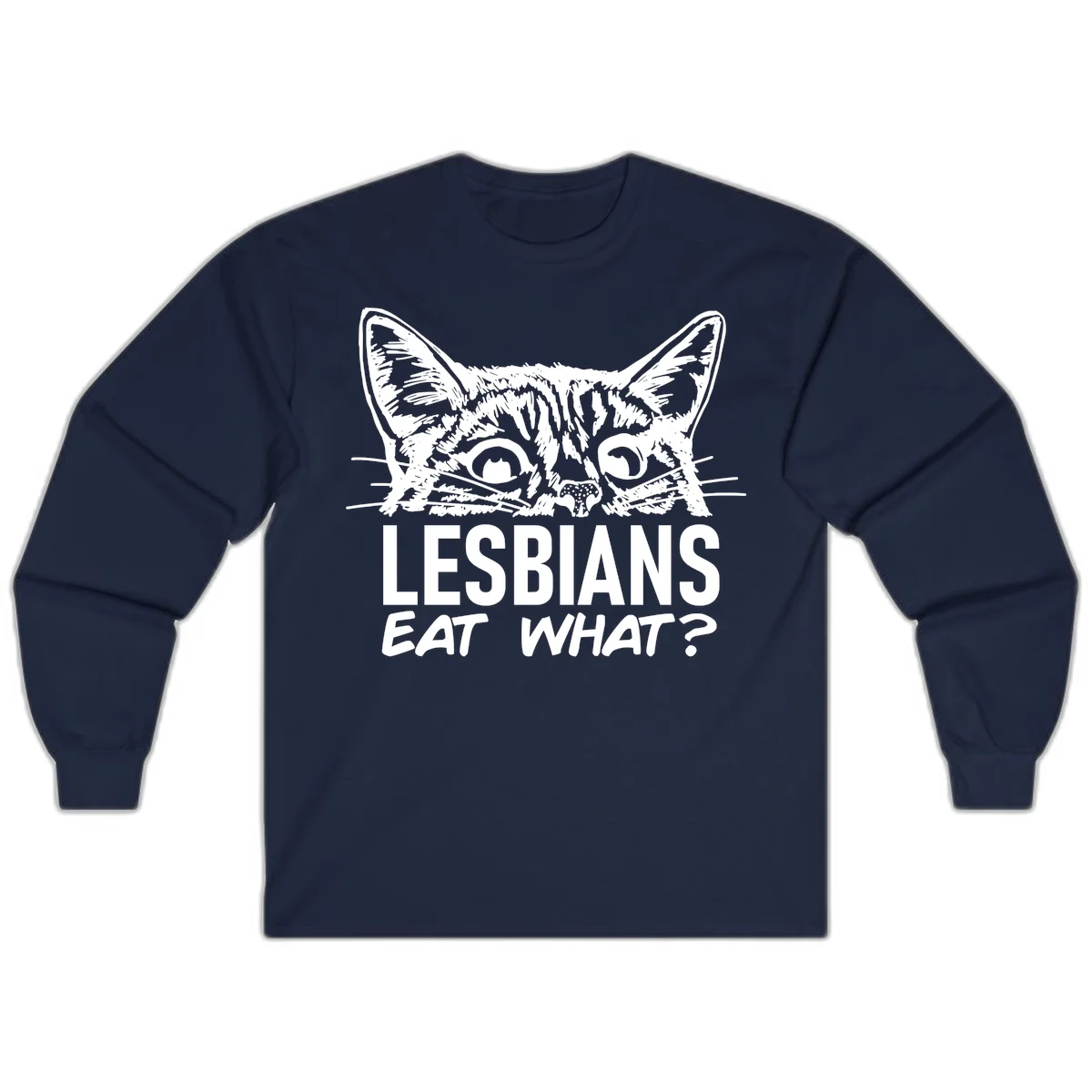 Lesbians eat what cat design: Detailed line-art cat face with expressive eyes and whiskers above bold text reading 'LESBIANS EAT WHAT?' in Navy