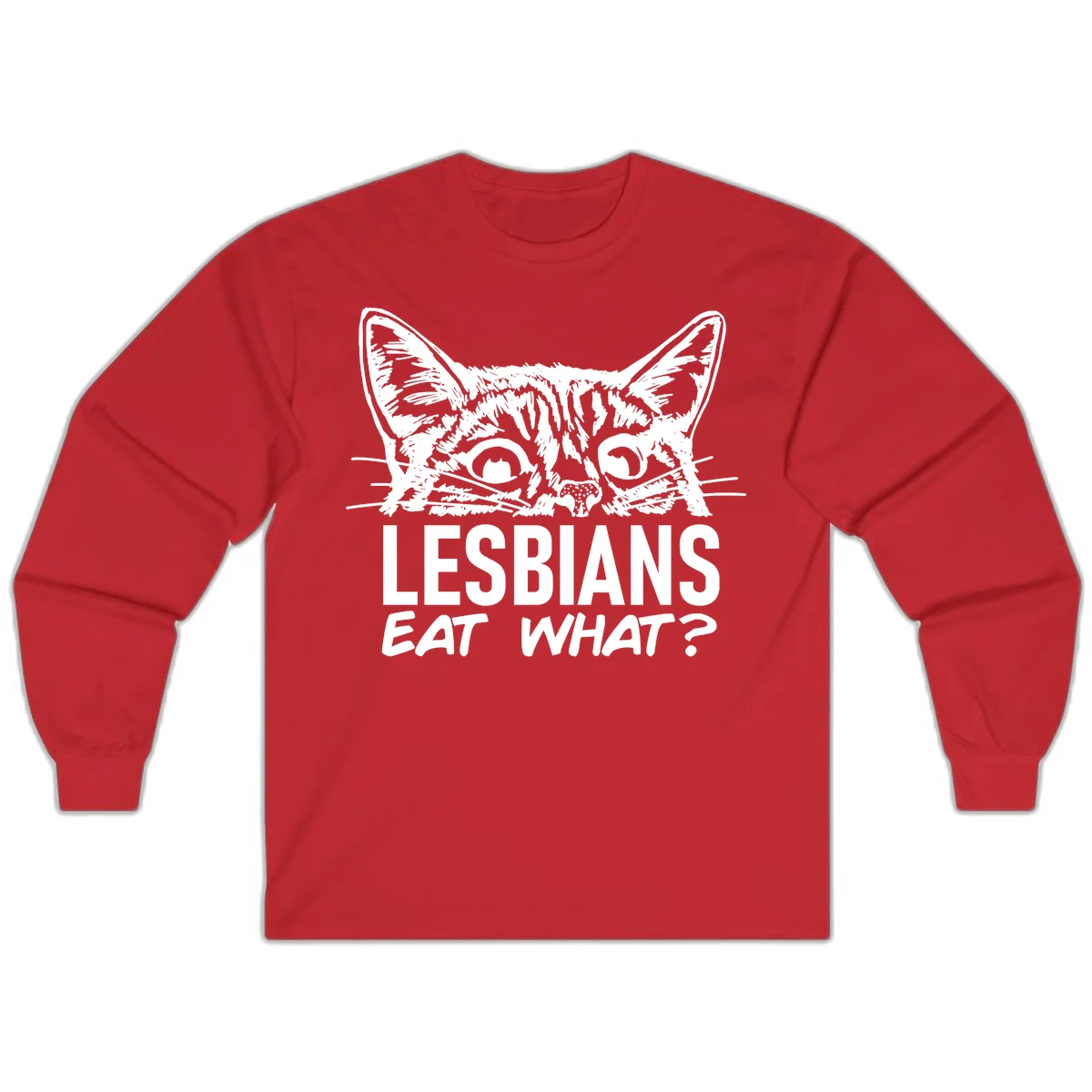 Lesbians eat what cat design: Detailed line-art cat face with expressive eyes and whiskers above bold text reading 'LESBIANS EAT WHAT?' in Red