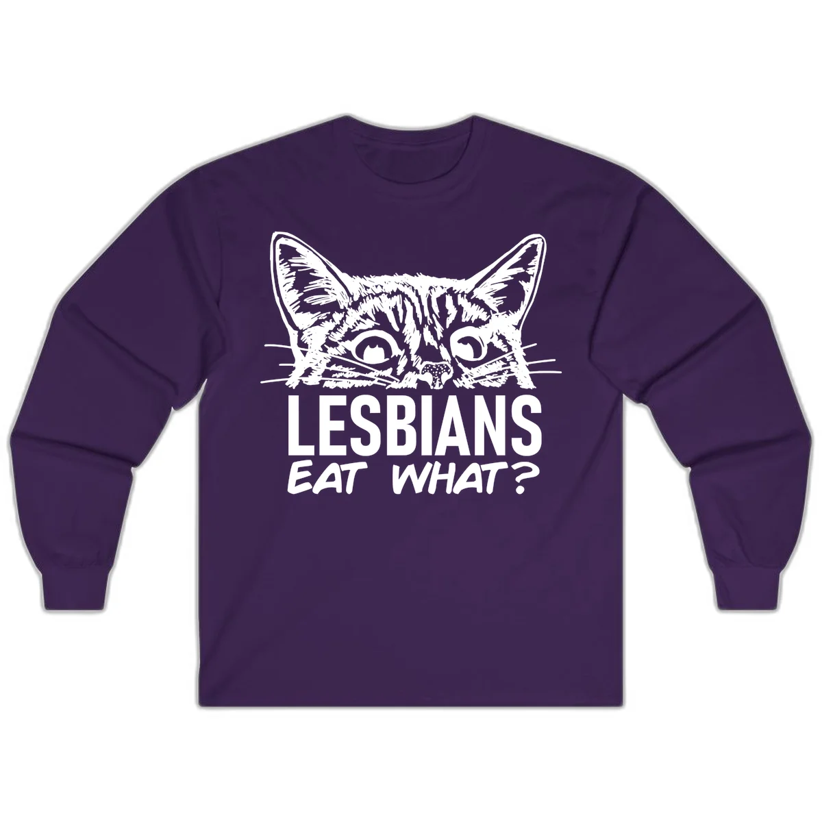 Lesbians eat what cat design: Detailed line-art cat face with expressive eyes and whiskers above bold text reading 'LESBIANS EAT WHAT?' in Purple