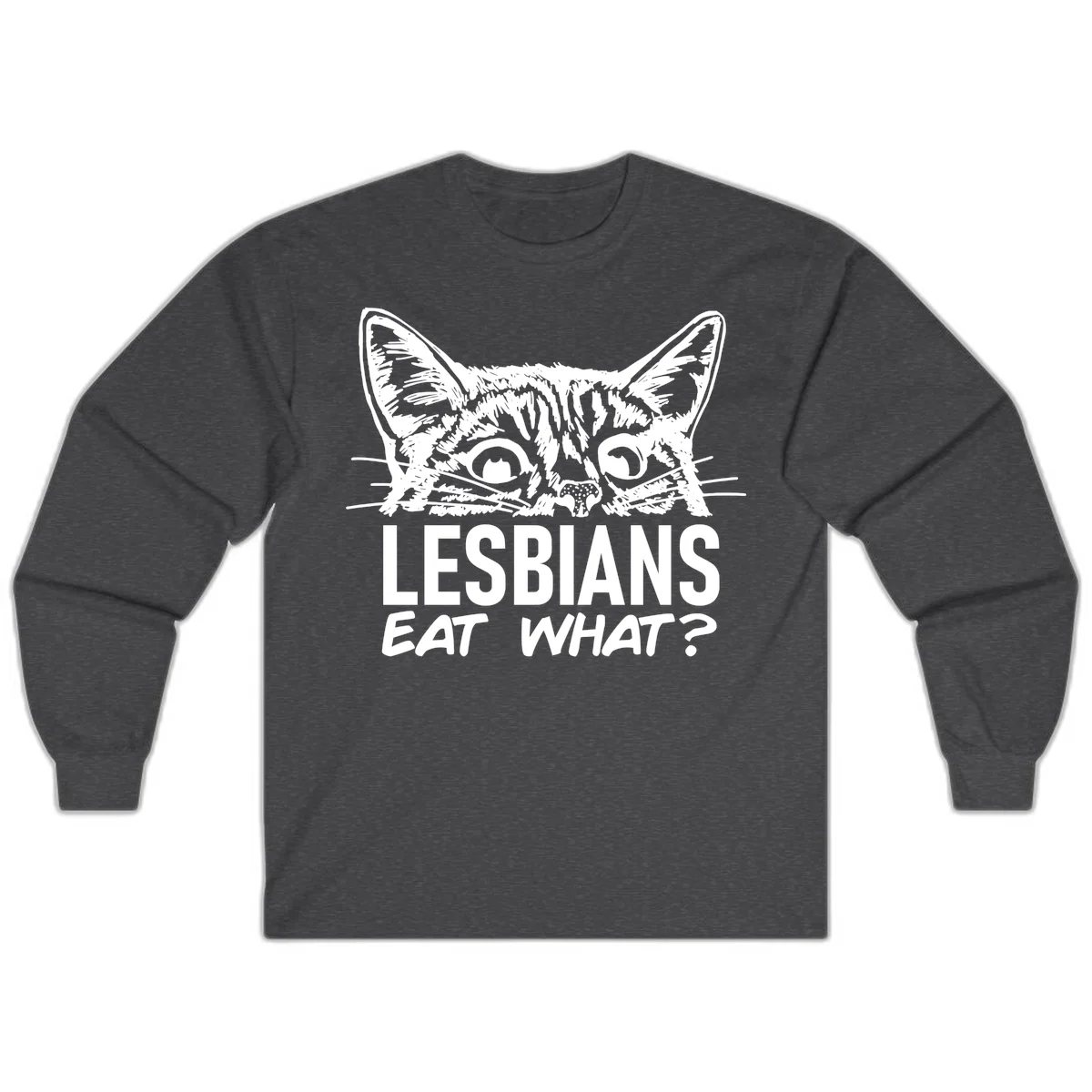 Lesbians eat what cat design: Detailed line-art cat face with expressive eyes and whiskers above bold text reading 'LESBIANS EAT WHAT?' in Dark Heather