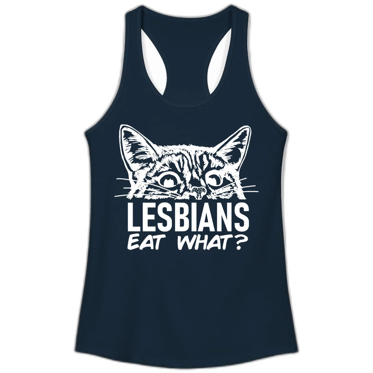 Lesbians eat what cat design: Detailed line-art cat face with expressive eyes and whiskers above bold text reading 'LESBIANS EAT WHAT?' in Solid Midnight Navy