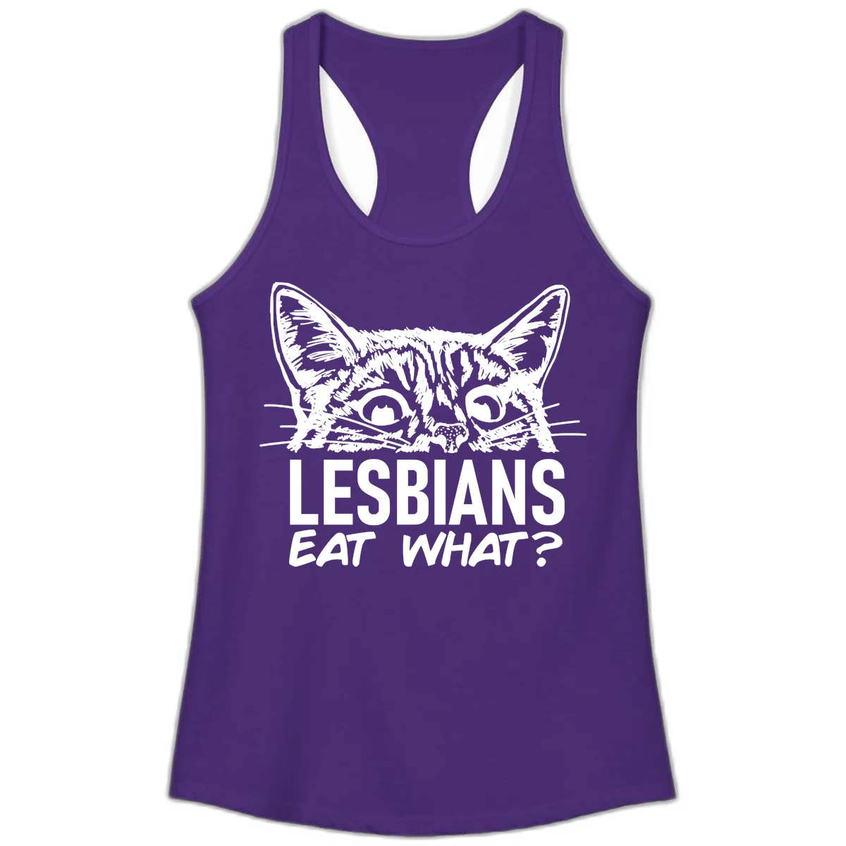 Lesbians eat what cat design: Detailed line-art cat face with expressive eyes and whiskers above bold text reading 'LESBIANS EAT WHAT?' in Solid Purple Rush