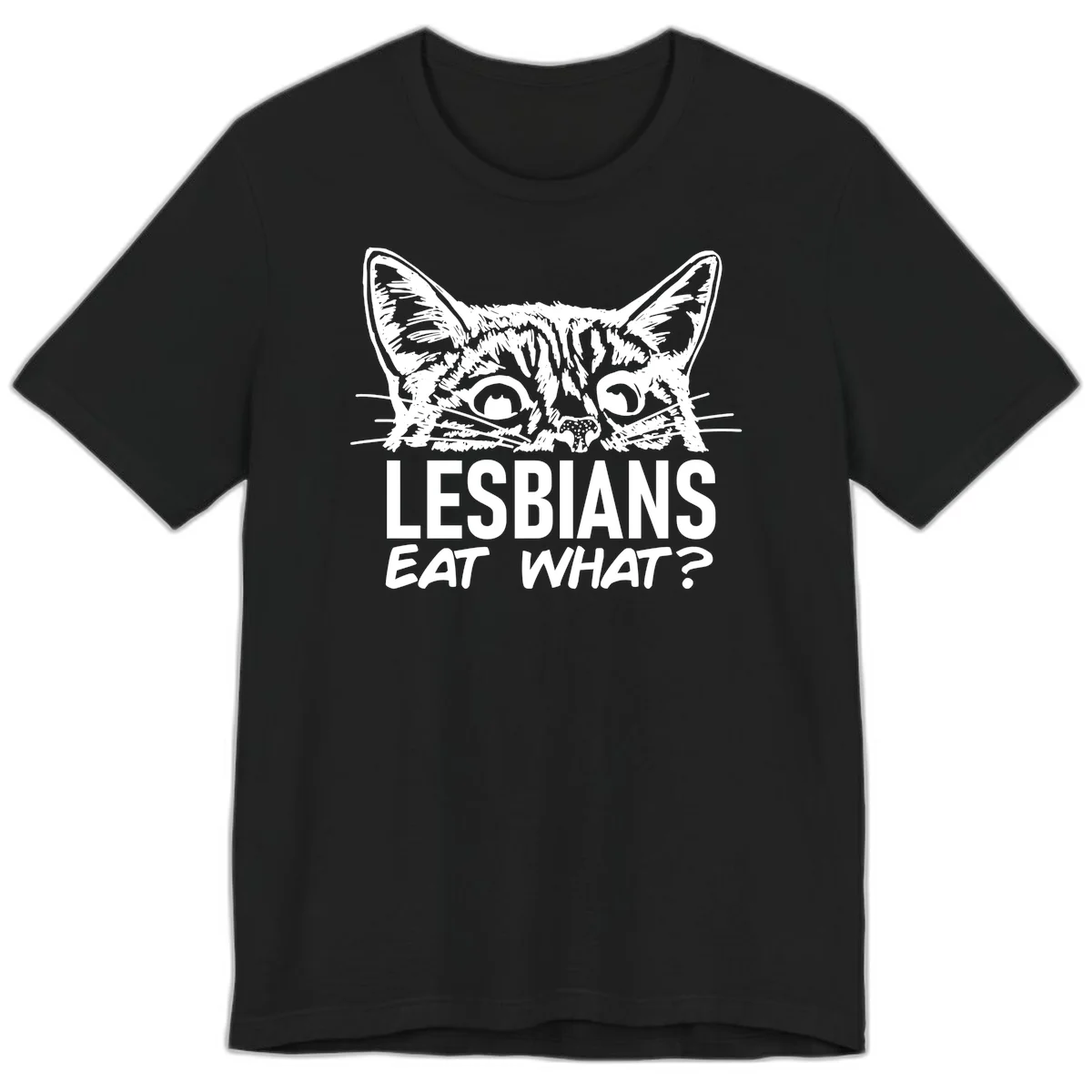 Lesbians eat what cat design: Detailed line-art cat face with expressive eyes and whiskers above bold text reading 'LESBIANS EAT WHAT?' in Black