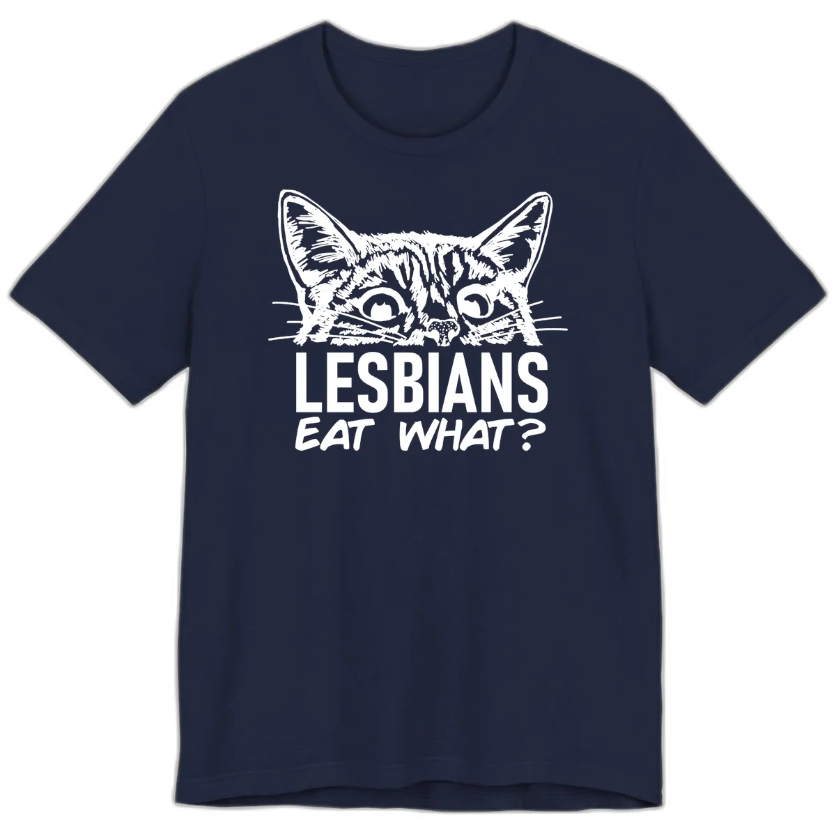 Lesbians eat what cat design: Detailed line-art cat face with expressive eyes and whiskers above bold text reading 'LESBIANS EAT WHAT?' in Navy