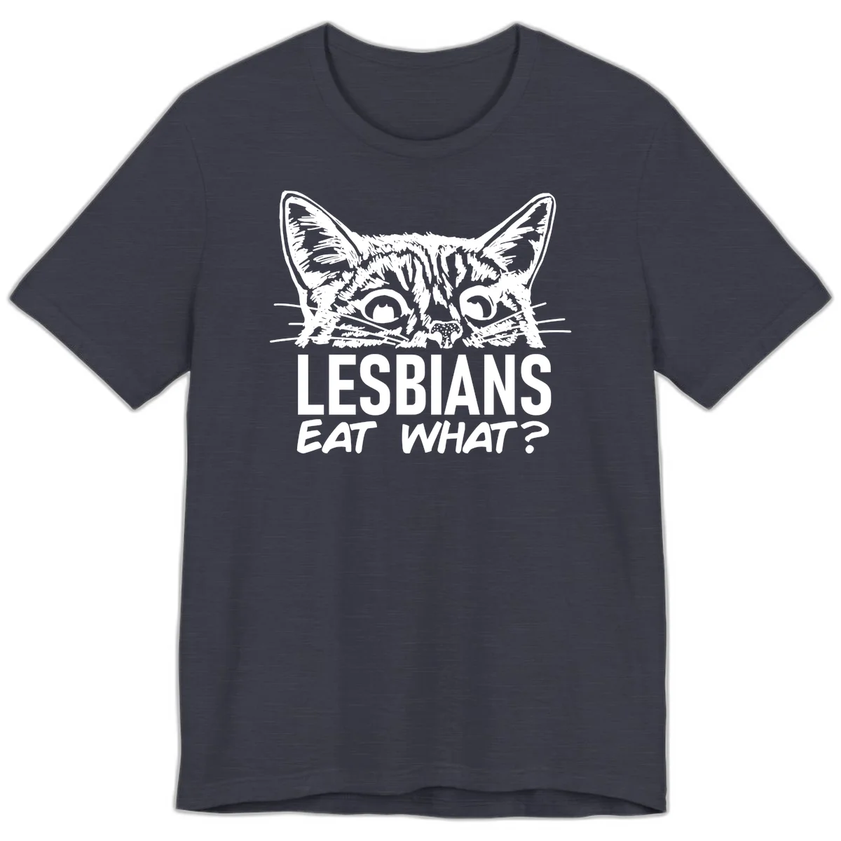 Lesbians eat what cat design: Detailed line-art cat face with expressive eyes and whiskers above bold text reading 'LESBIANS EAT WHAT?' in Heather Midnight Navy