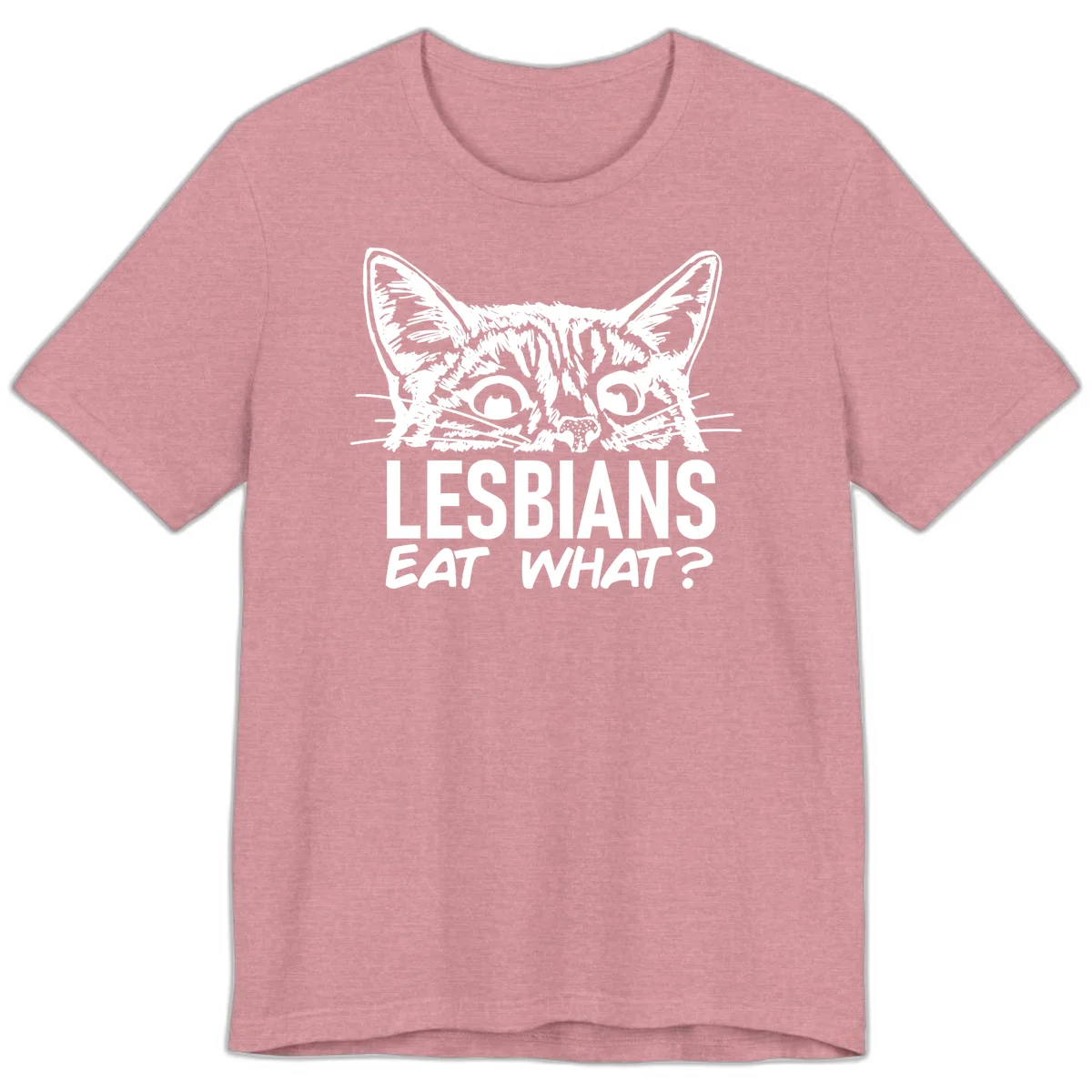 Lesbians eat what cat design: Detailed line-art cat face with expressive eyes and whiskers above bold text reading 'LESBIANS EAT WHAT?' in Heather Orchid