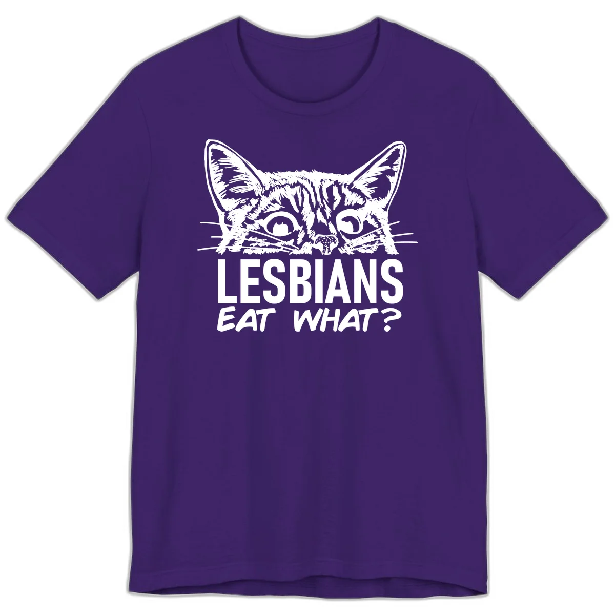 Lesbians eat what cat design: Detailed line-art cat face with expressive eyes and whiskers above bold text reading 'LESBIANS EAT WHAT?' in Team Purple