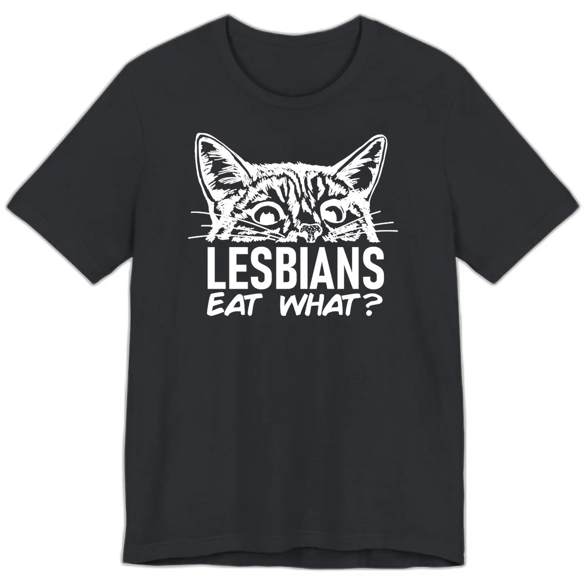 Lesbians eat what cat design: Detailed line-art cat face with expressive eyes and whiskers above bold text reading 'LESBIANS EAT WHAT?' in Vintage Black