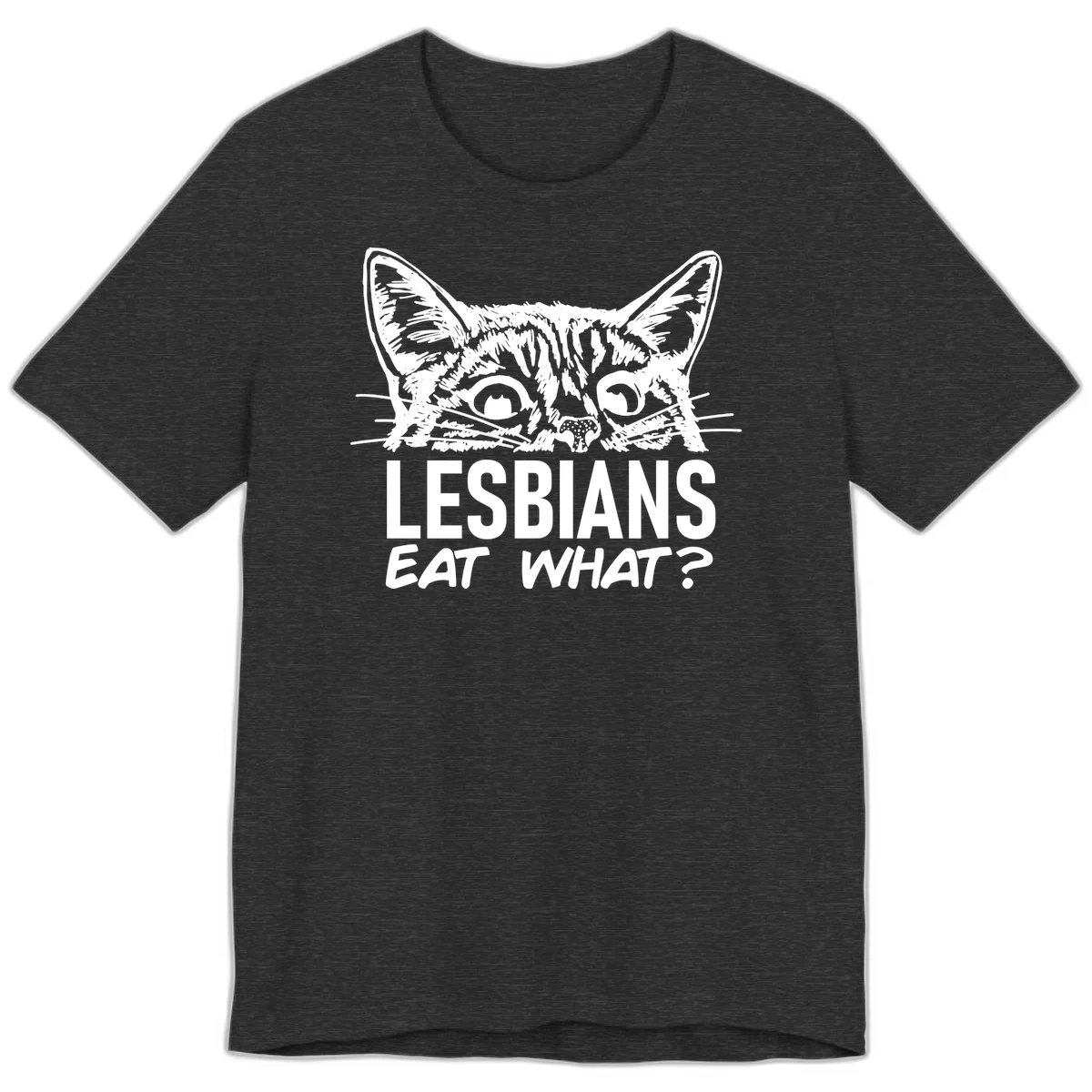 Lesbians eat what cat design: Detailed line-art cat face with expressive eyes and whiskers above bold text reading 'LESBIANS EAT WHAT?' in Dark Grey Heather