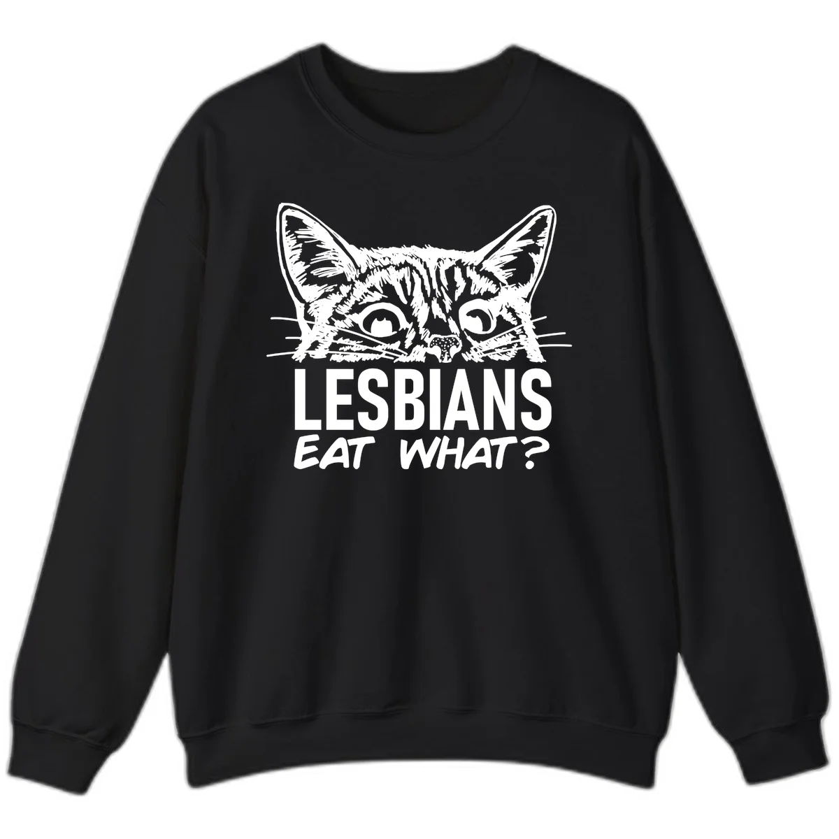 Lesbians eat what cat design: Detailed line-art cat face with expressive eyes and whiskers above bold text reading 'LESBIANS EAT WHAT?' in Black