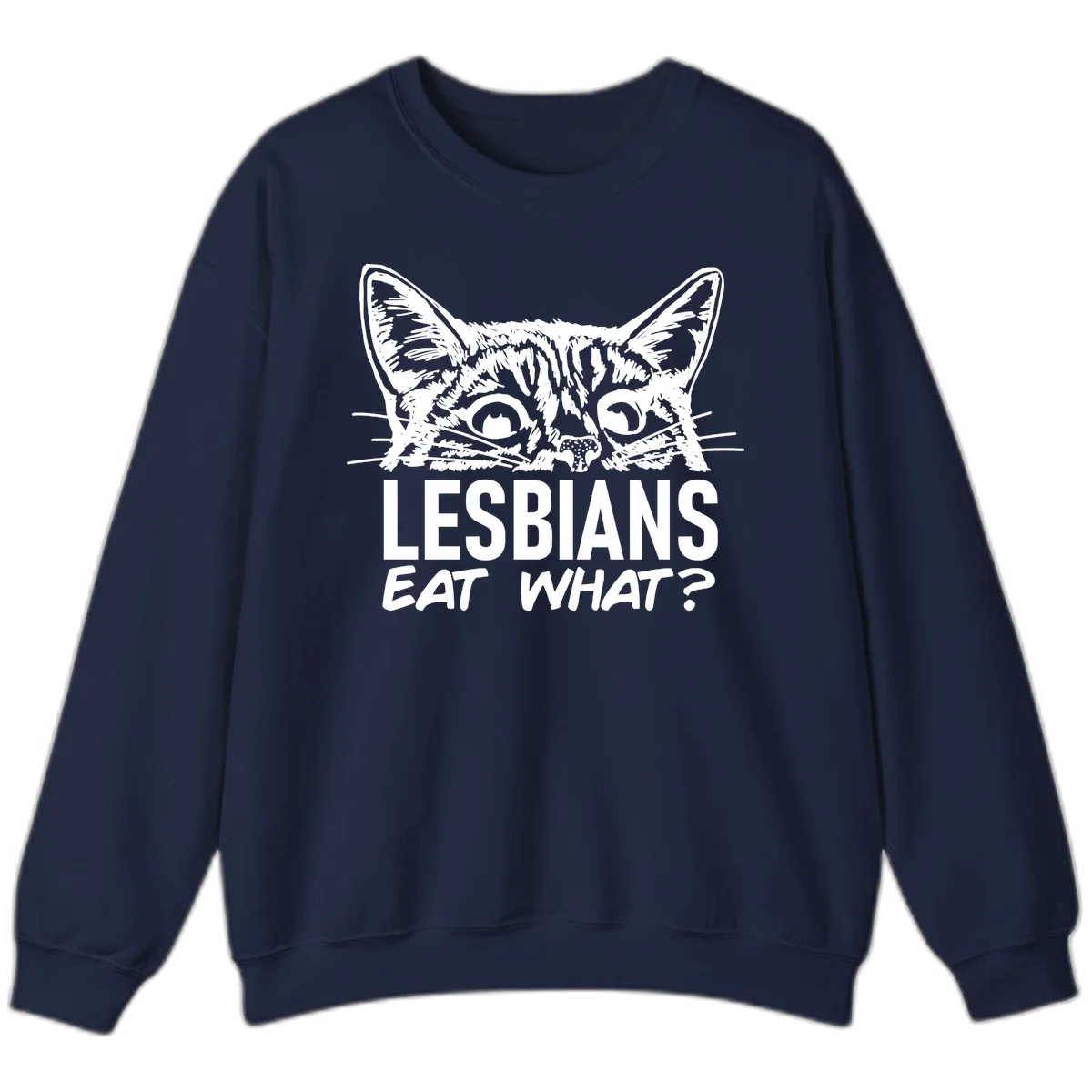 Lesbians eat what cat design: Detailed line-art cat face with expressive eyes and whiskers above bold text reading 'LESBIANS EAT WHAT?' in Navy