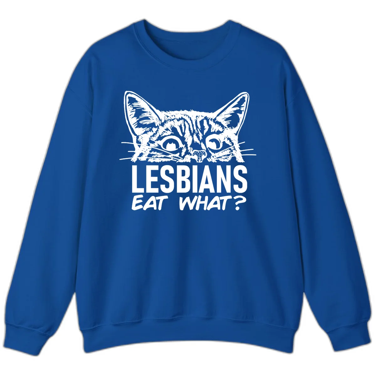 Lesbians eat what cat design: Detailed line-art cat face with expressive eyes and whiskers above bold text reading 'LESBIANS EAT WHAT?' in Royal