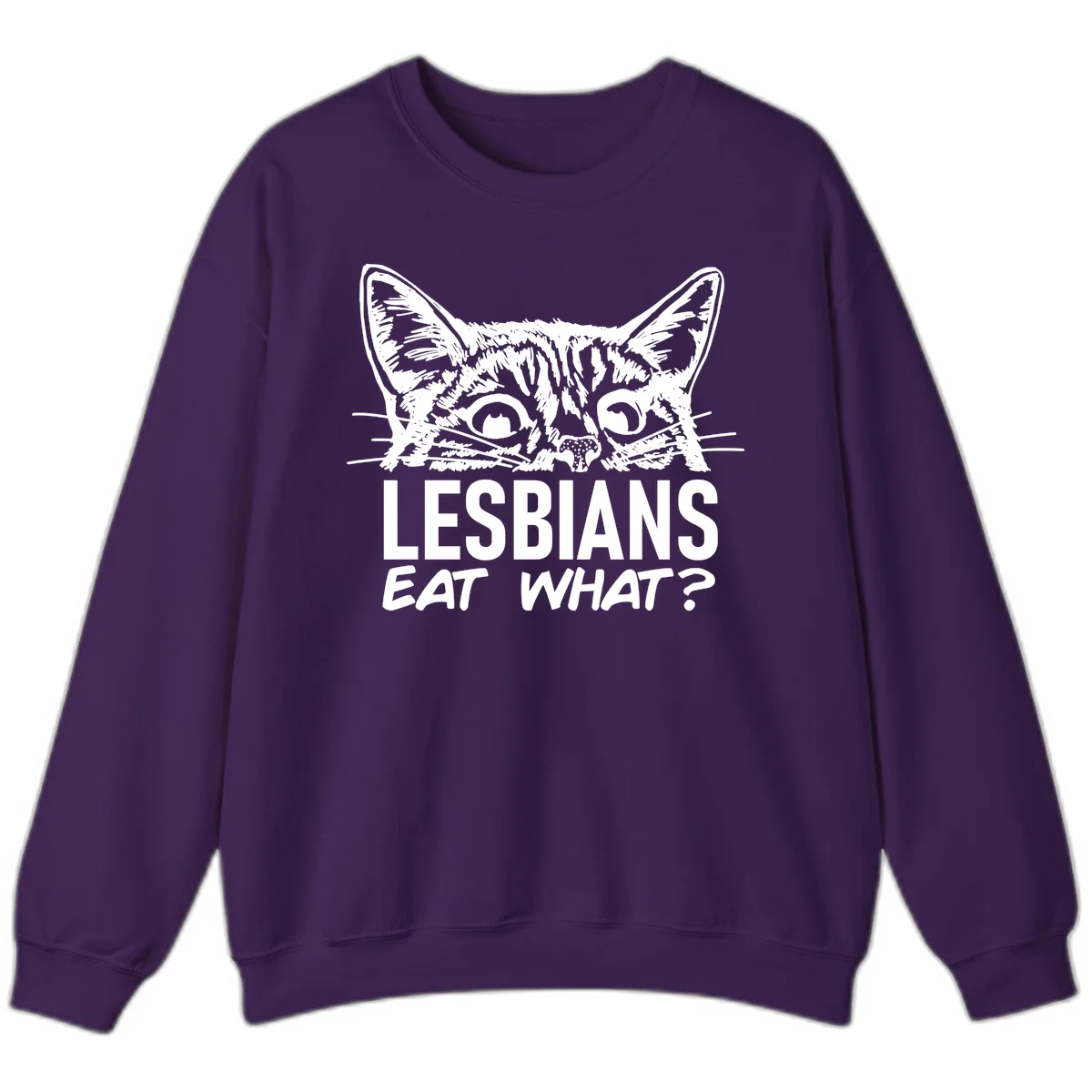 Lesbians eat what cat design: Detailed line-art cat face with expressive eyes and whiskers above bold text reading 'LESBIANS EAT WHAT?' in Purple