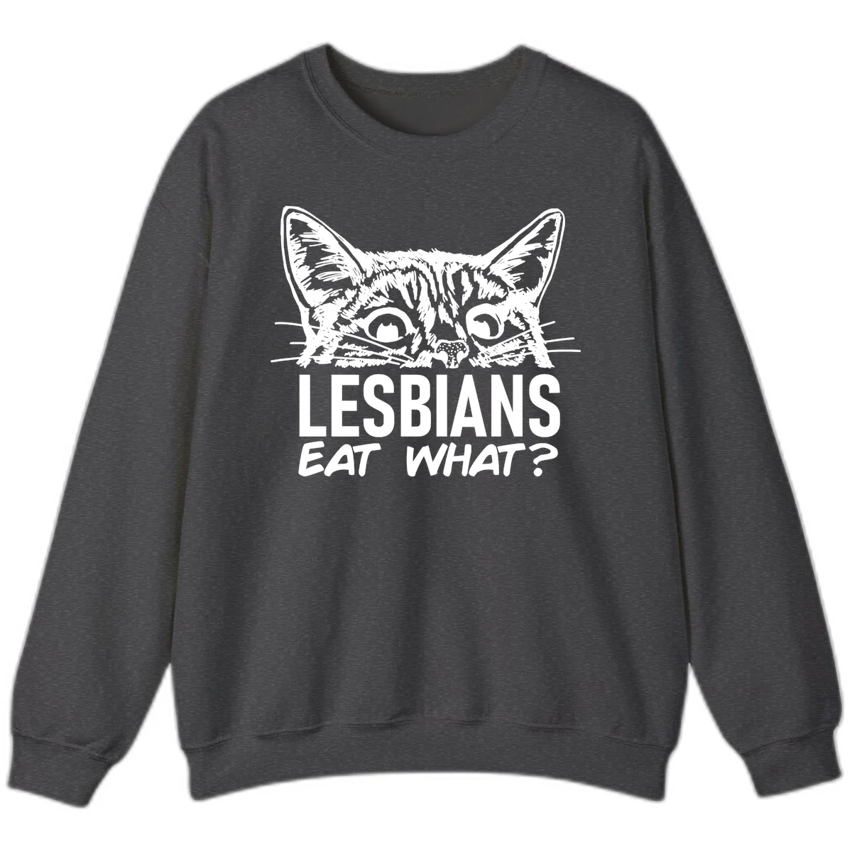 Lesbians eat what cat design: Detailed line-art cat face with expressive eyes and whiskers above bold text reading 'LESBIANS EAT WHAT?' in Dark Heather
