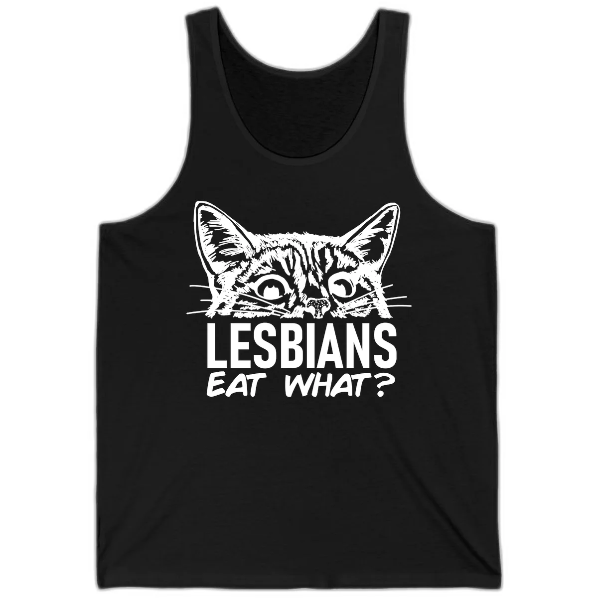 Lesbians eat what cat design: Detailed line-art cat face with expressive eyes and whiskers above bold text reading 'LESBIANS EAT WHAT?' in Black