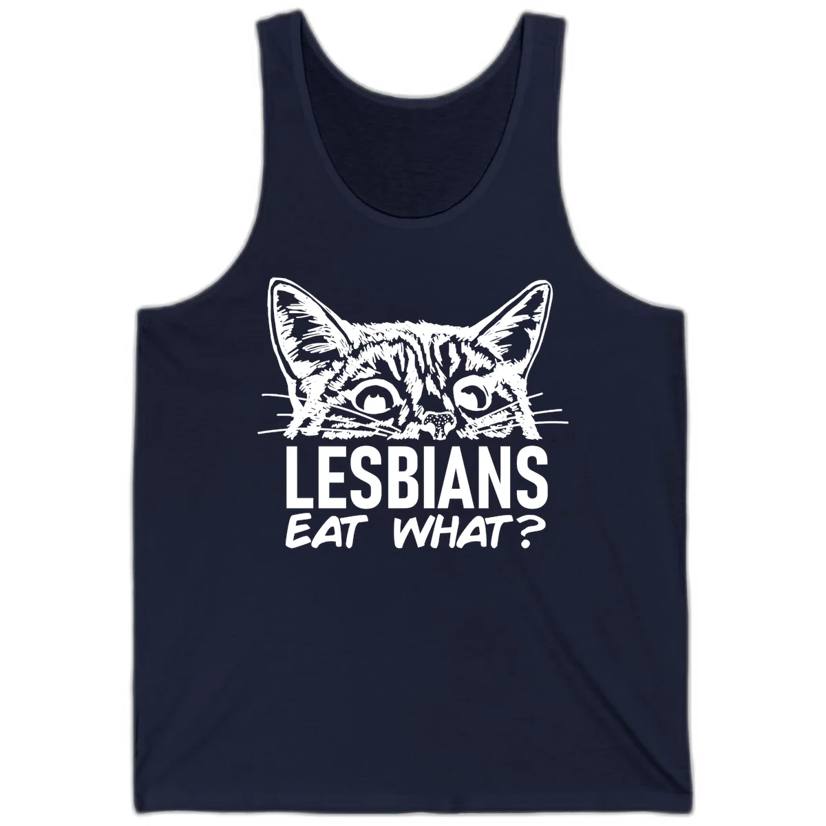 Lesbians eat what cat design: Detailed line-art cat face with expressive eyes and whiskers above bold text reading 'LESBIANS EAT WHAT?' in Navy