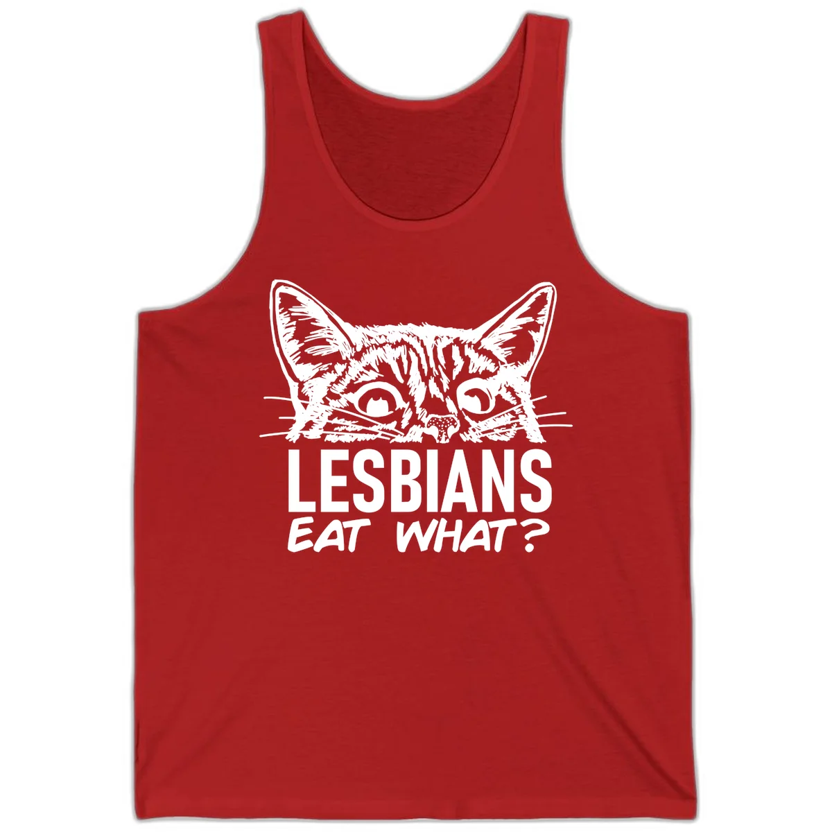 Lesbians eat what cat design: Detailed line-art cat face with expressive eyes and whiskers above bold text reading 'LESBIANS EAT WHAT?' in Red
