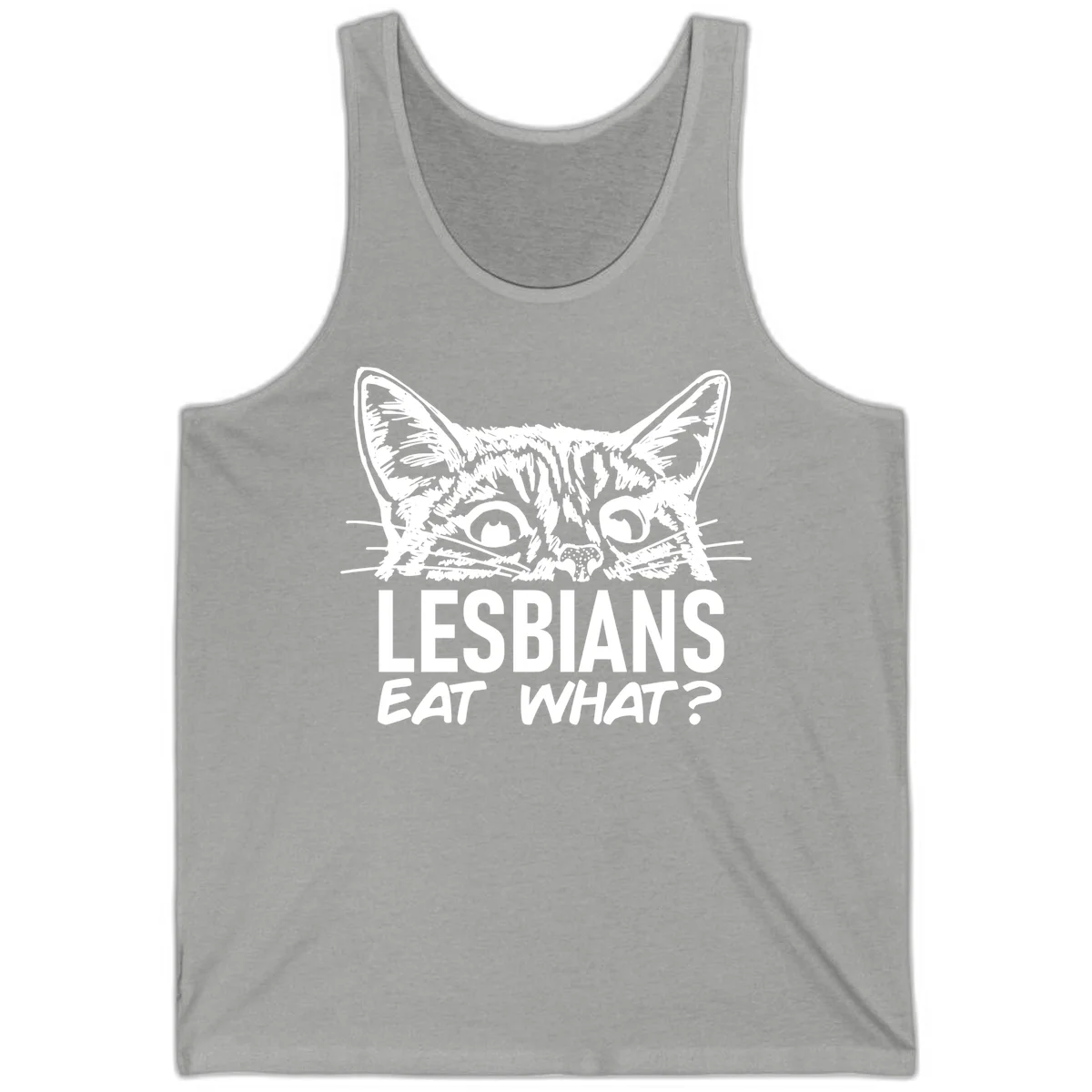Lesbians eat what cat design: Detailed line-art cat face with expressive eyes and whiskers above bold text reading 'LESBIANS EAT WHAT?' in Athletic Heather