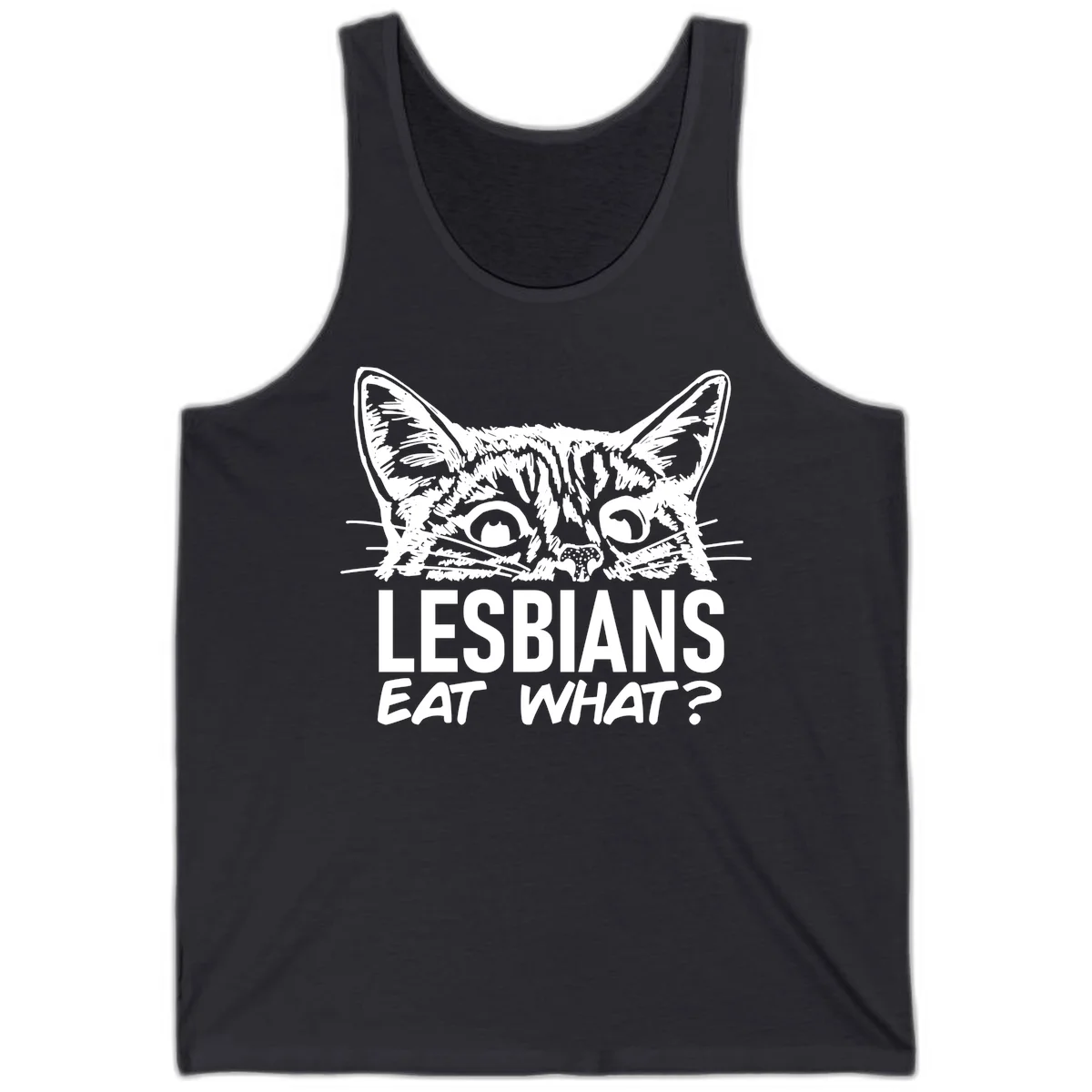 Lesbians eat what cat design: Detailed line-art cat face with expressive eyes and whiskers above bold text reading 'LESBIANS EAT WHAT?' in Dark Grey
