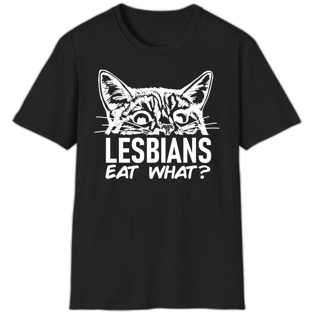 Lesbians eat what cat design: Detailed line-art cat face with expressive eyes and whiskers above bold text reading 'LESBIANS EAT WHAT?' in Black
