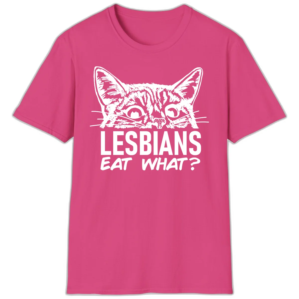 Lesbians eat what cat design: Detailed line-art cat face with expressive eyes and whiskers above bold text reading 'LESBIANS EAT WHAT?' in Heliconia