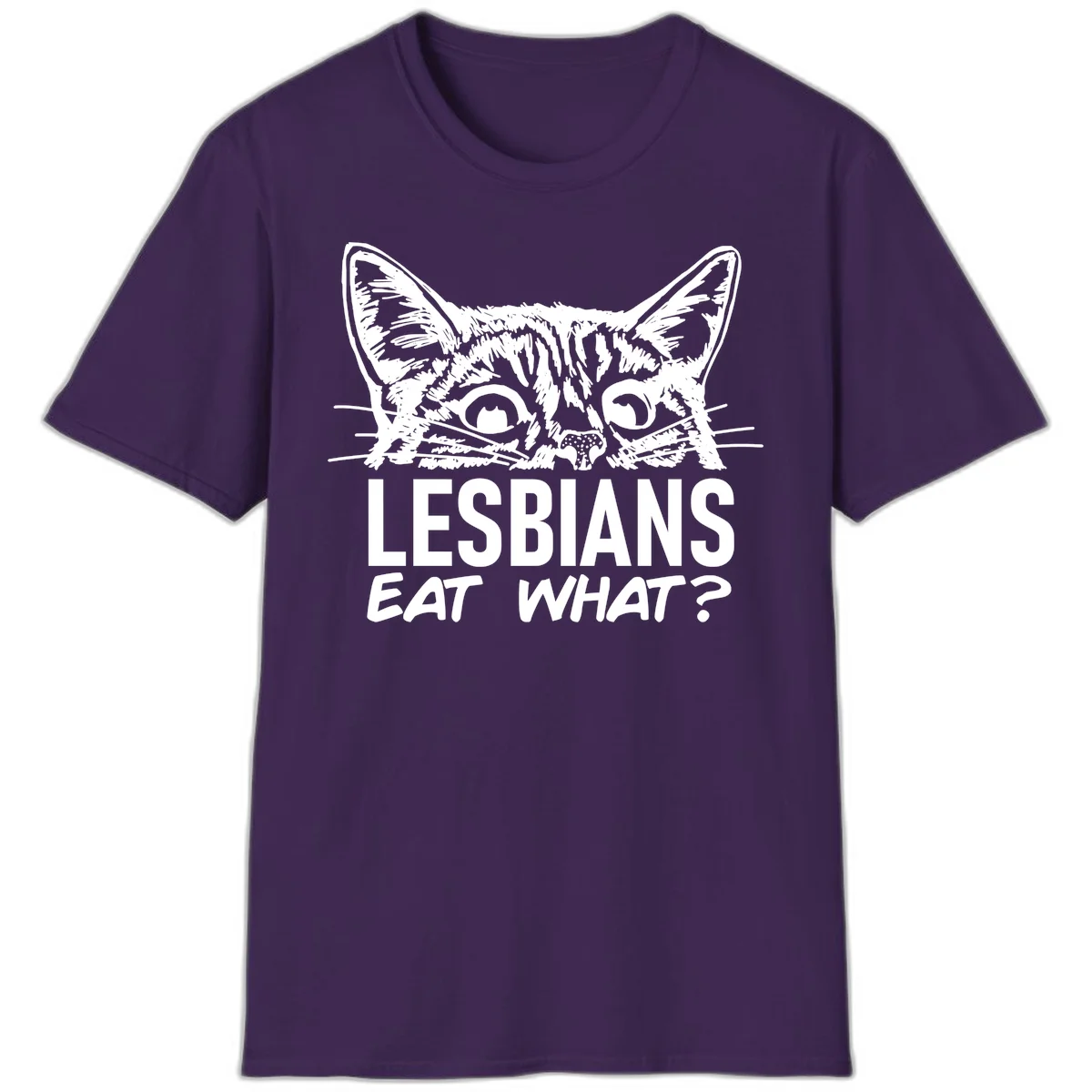 Lesbians eat what cat design: Detailed line-art cat face with expressive eyes and whiskers above bold text reading 'LESBIANS EAT WHAT?' in Purple