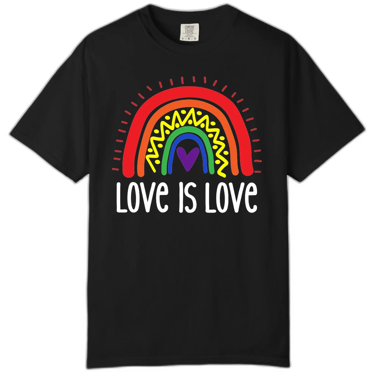 Colorful concentric rainbow arcs with purple heart center, yellow lightning and dots, red rays, and 'Love Is Love' text in Black