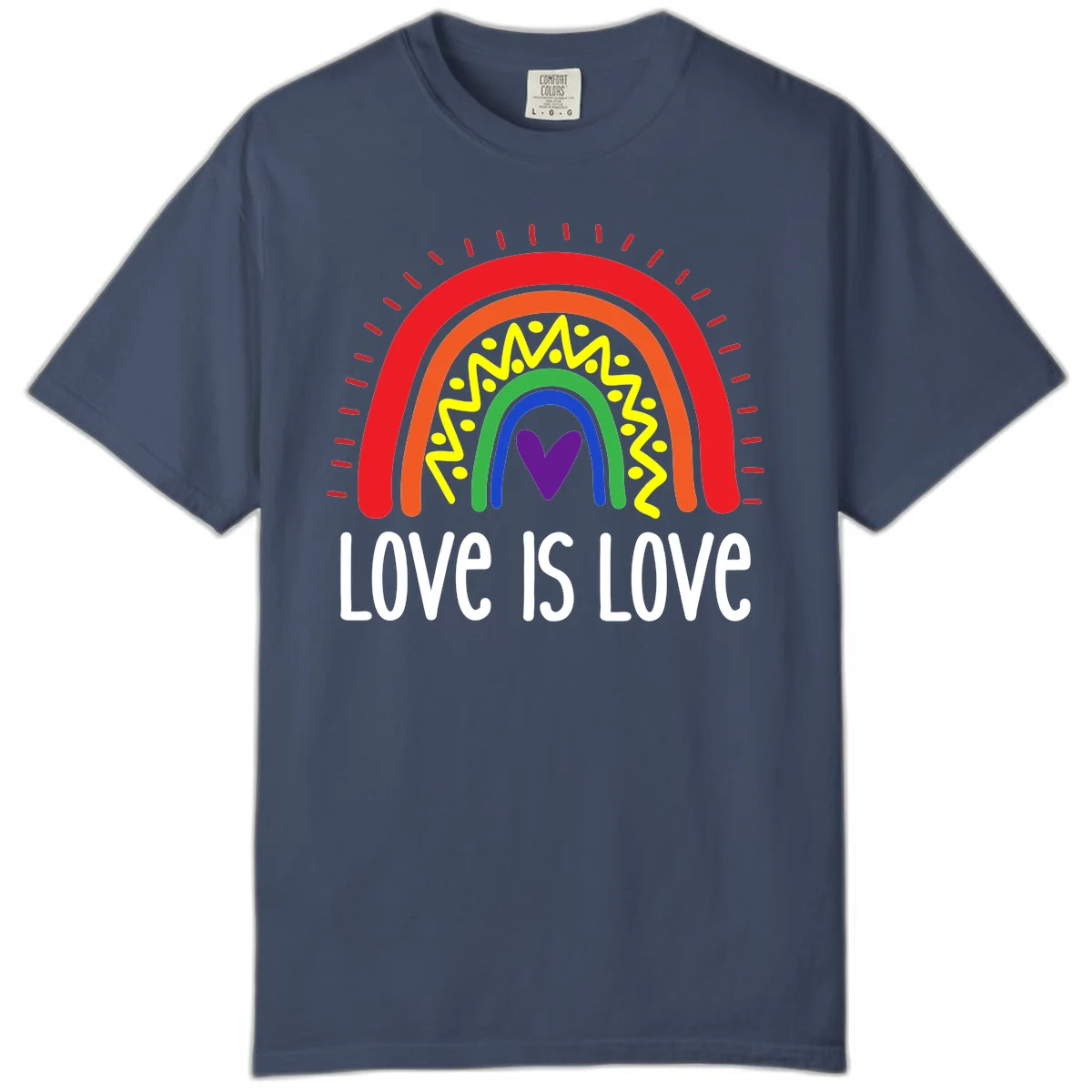 Colorful concentric rainbow arcs with purple heart center, yellow lightning and dots, red rays, and 'Love Is Love' text in Midnight