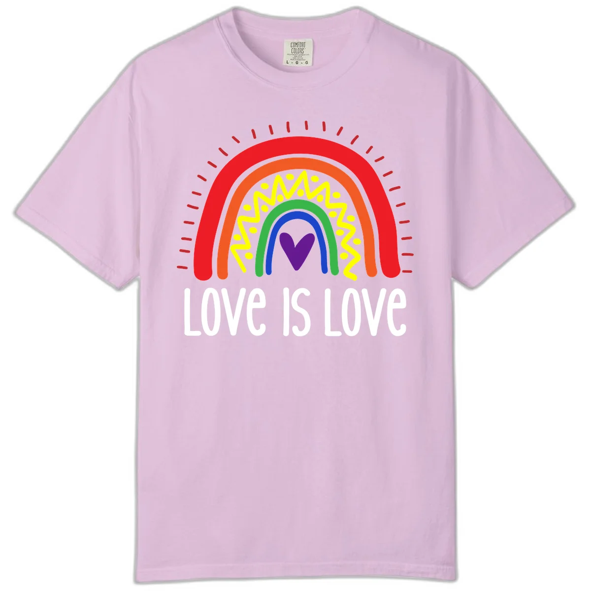 Colorful concentric rainbow arcs with purple heart center, yellow lightning and dots, red rays, and 'Love Is Love' text in Orchid