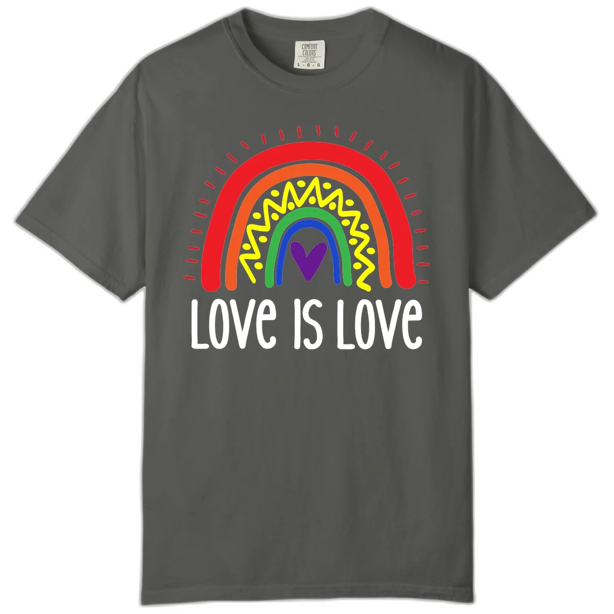 Colorful concentric rainbow arcs with purple heart center, yellow lightning and dots, red rays, and 'Love Is Love' text in Pepper
