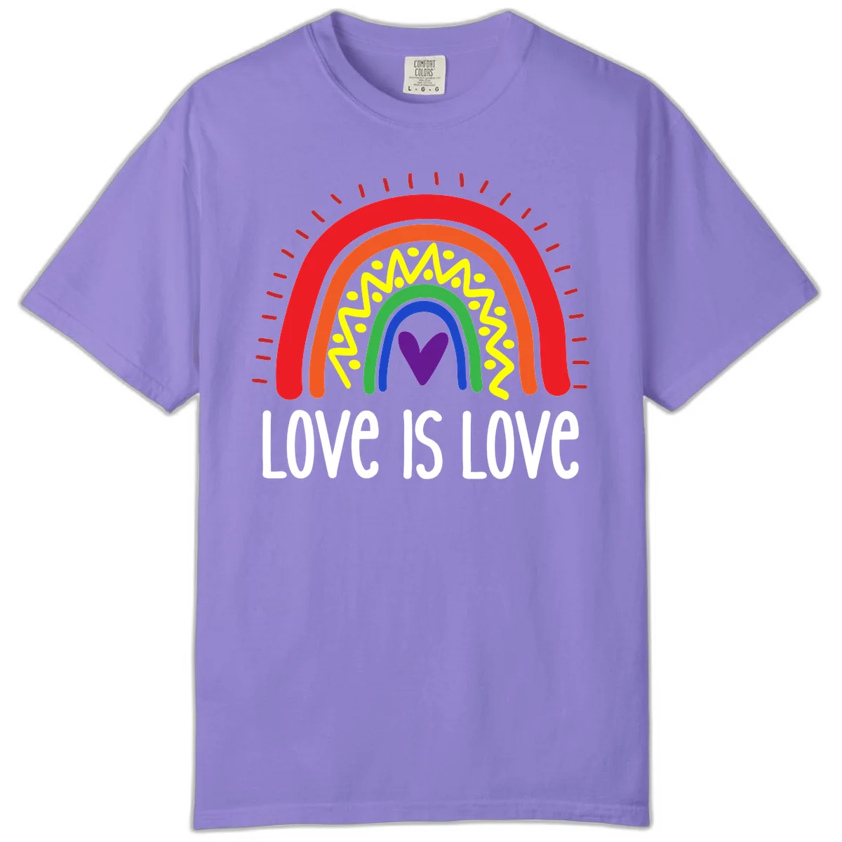 Colorful concentric rainbow arcs with purple heart center, yellow lightning and dots, red rays, and 'Love Is Love' text in Violet