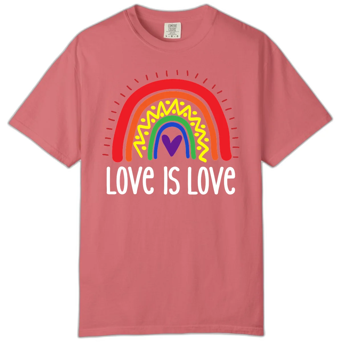 Colorful concentric rainbow arcs with purple heart center, yellow lightning and dots, red rays, and 'Love Is Love' text in Watermelon