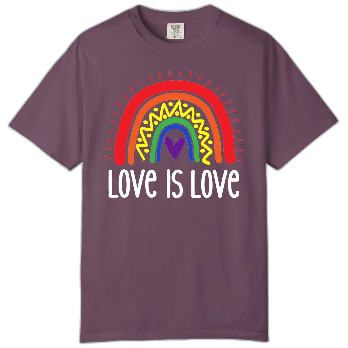 Colorful concentric rainbow arcs with purple heart center, yellow lightning and dots, red rays, and 'Love Is Love' text in Berry