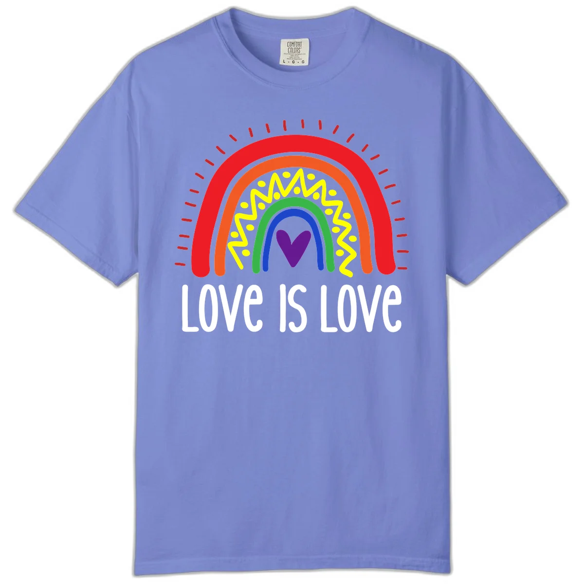 Colorful concentric rainbow arcs with purple heart center, yellow lightning and dots, red rays, and 'Love Is Love' text in Flo Blue