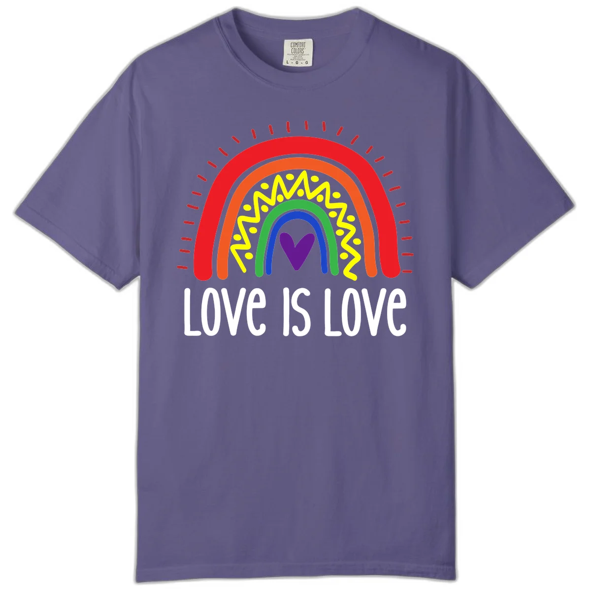 Colorful concentric rainbow arcs with purple heart center, yellow lightning and dots, red rays, and 'Love Is Love' text in Grape