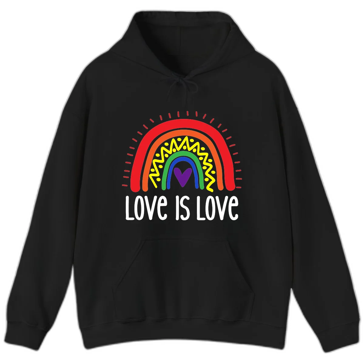 Colorful concentric rainbow arcs with purple heart center, yellow lightning and dots, red rays, and 'Love Is Love' text in Black